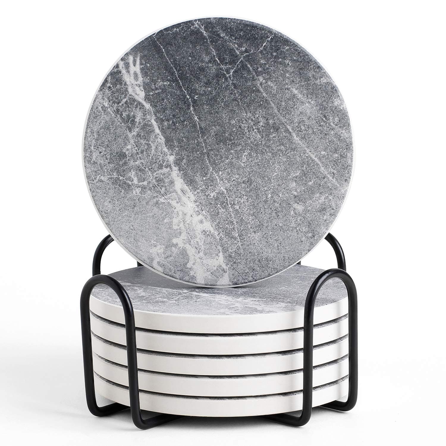 LIFVER 6 Pieces Coasters for Drinks Absorbent, Ceramic Coasters Set with Cork Base, Prevent Furniture from Dirty and Scratched, Stone Coasters with Holder, Dark Grey