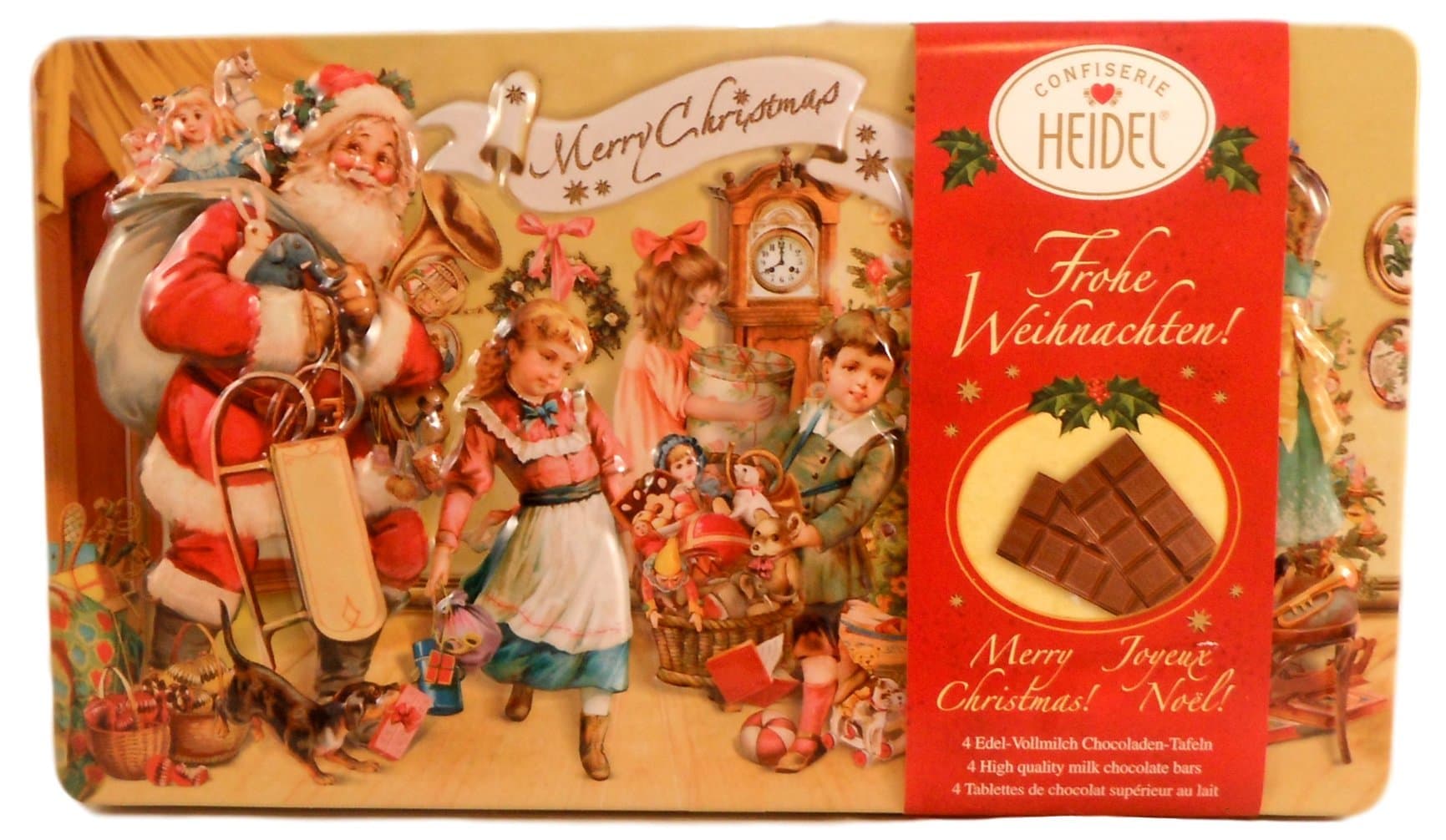 Confiserie Heidel German Chocolate Christmas Milk Chocolate Tin - 4 Whole Milk Chocolate Bars (Santa Inside (Yellow))