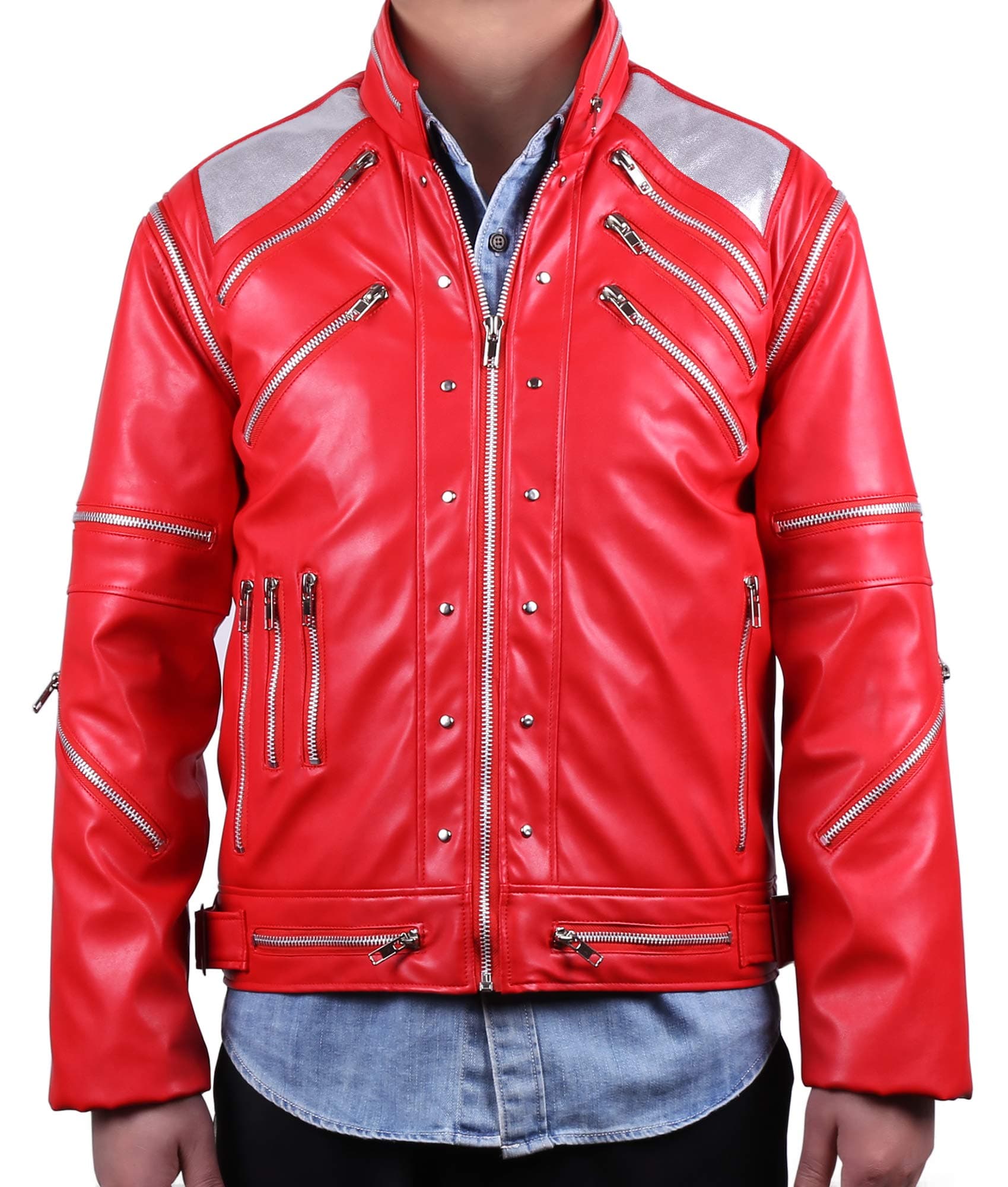 Red 80s PU Leather Jacket – Retro Zipper Accent Stage Coat for Cosplay, Halloween & Party (Adult & Kids Sizes)