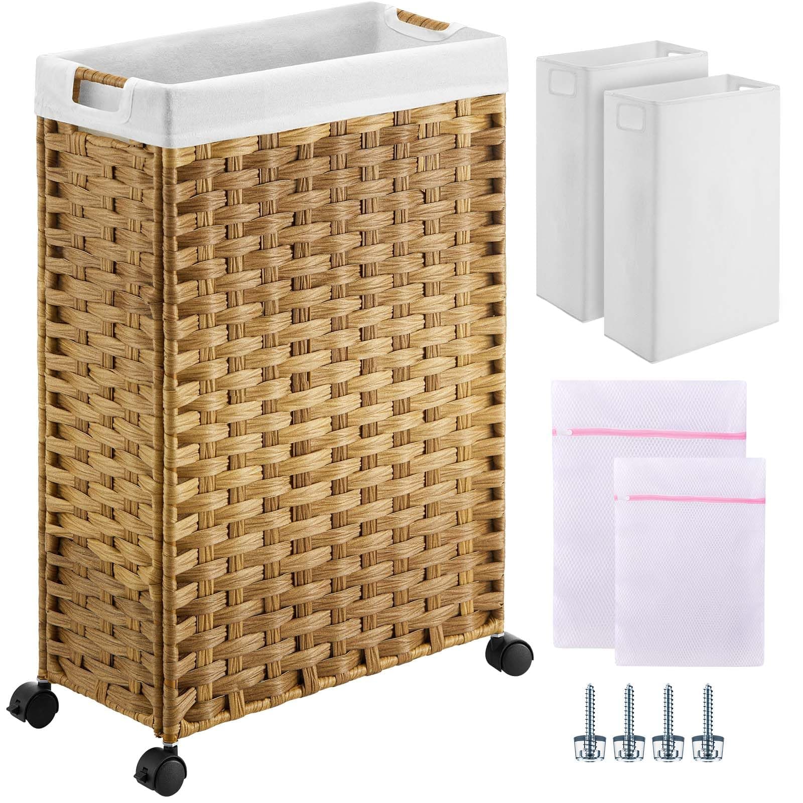 Laundry Hamper with Wheels, 11.9 Gallon (45L) Small Clothes Hamper with 2 Removable Liner Bags & 2 Mesh Bags, Slim Rattan Laundry Basket for Bathroom, Bedroom, Natural