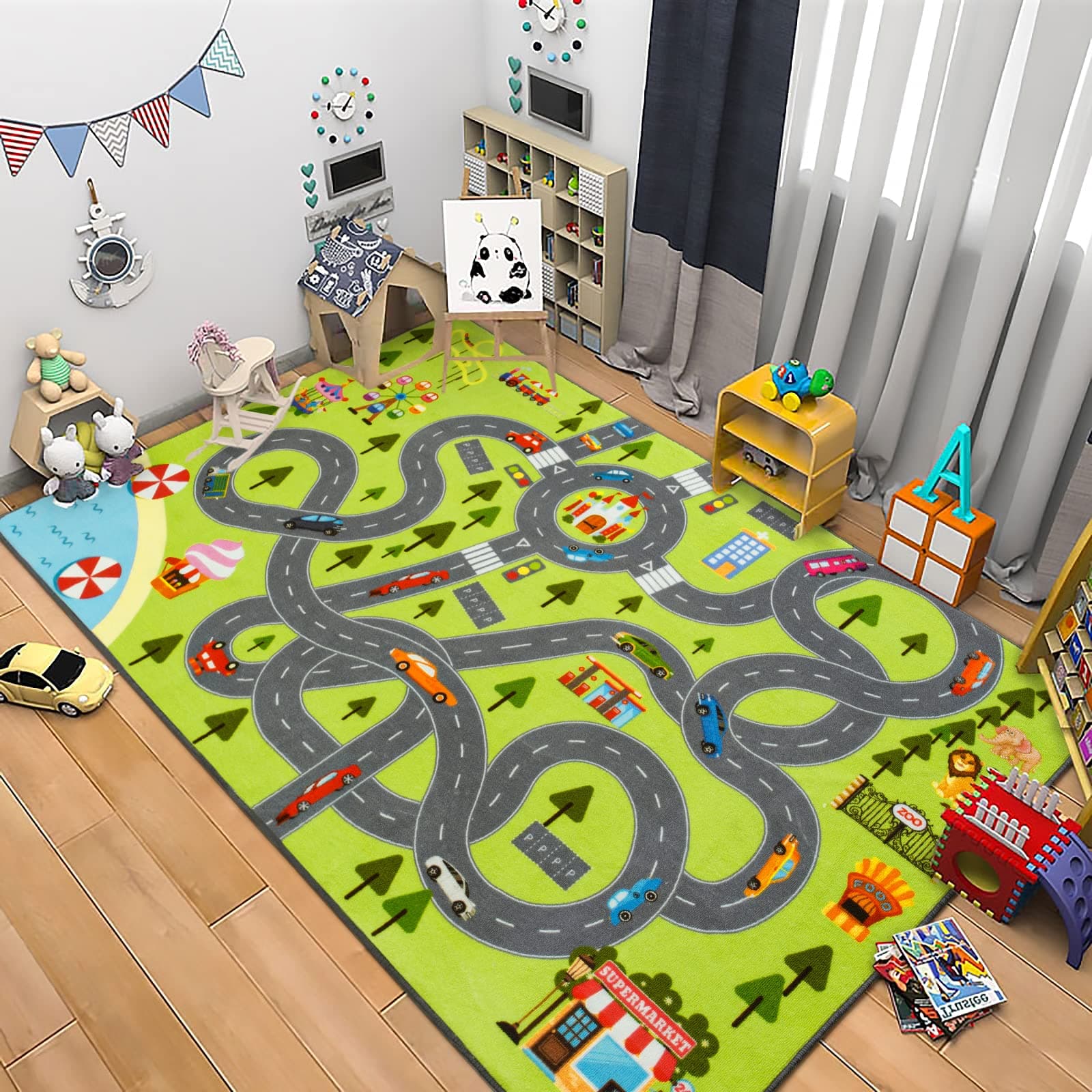HOMORE Kids Play Mat Rug, Fun and Educational City Play Rug for Hot Wheels Track Racing, Kids Carpet Playmat Area Rug for Children Bedroom Play Room Nursery, 4x6 Feet