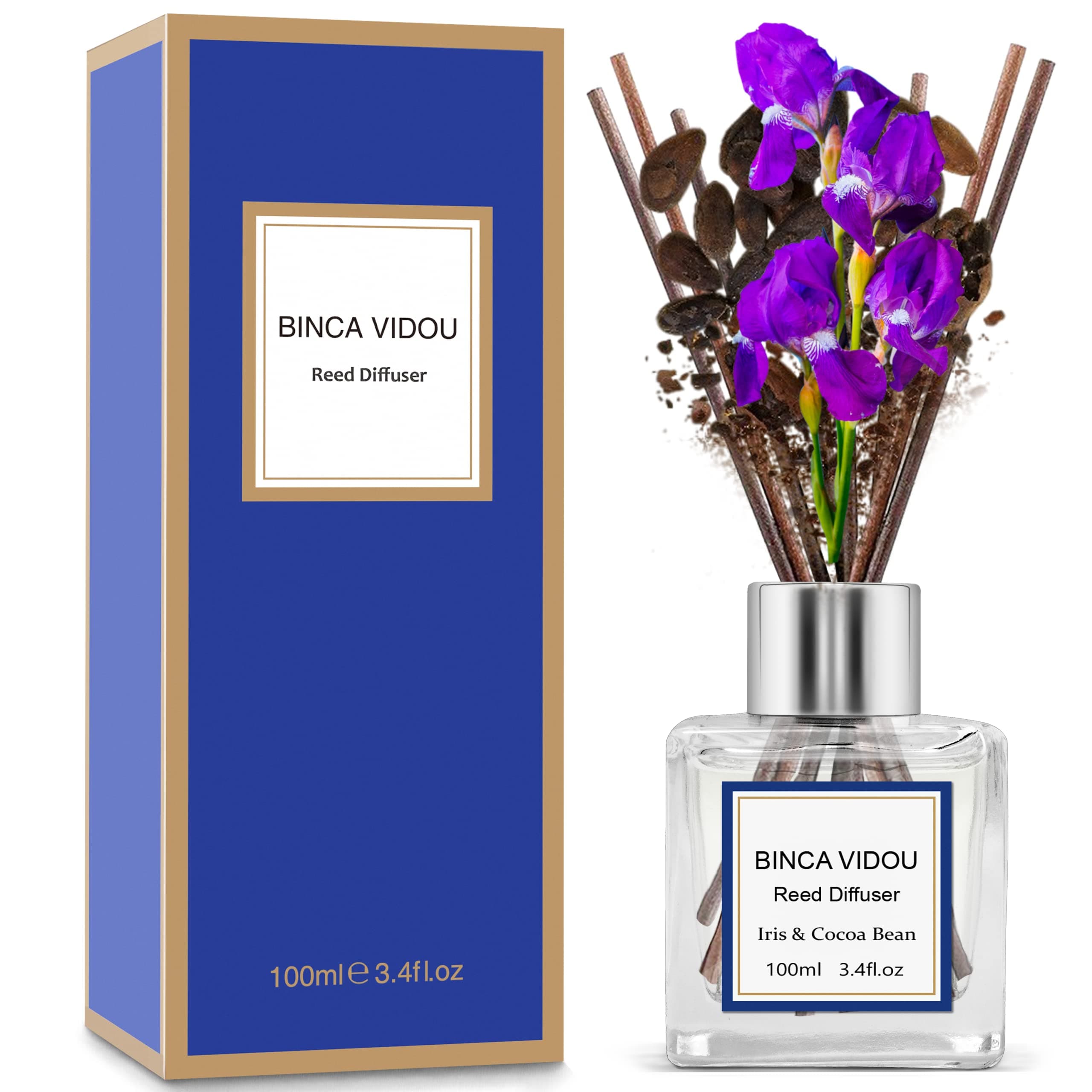 binca vidou Reed Diffuser Iris & Cocoa Bean, Home Scented Oil Reed Diffuser Set for Bedroom Livingroom, Remove Bad Smells, Strong & Long Lasting Fragrance for 50 Days, 100 ml/3.4 oz