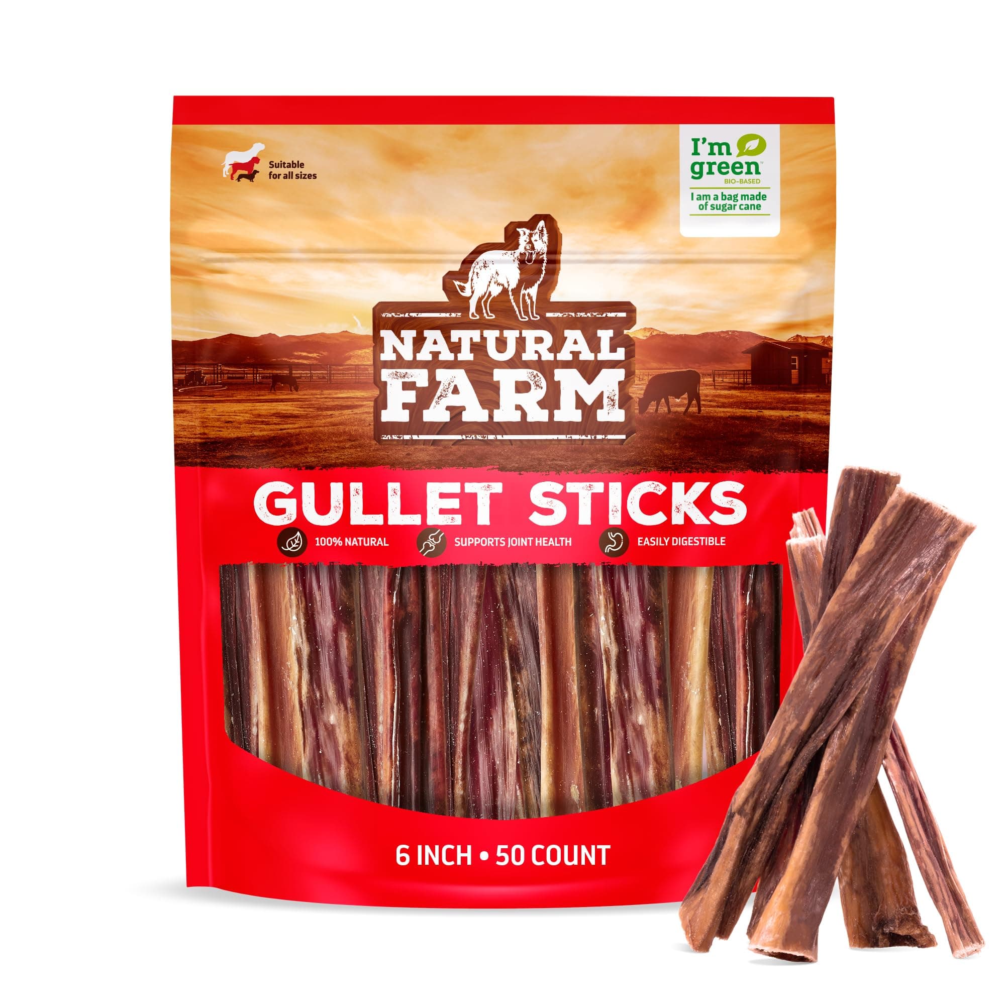 Natural Farm Gullet Sticks (6 Inch, 50 Pack) - One Ingredient Beef Esophagus Chews - Fully Digestible, Promotes Joint & Dental Health, for Pups, Small & Senior Dogs
