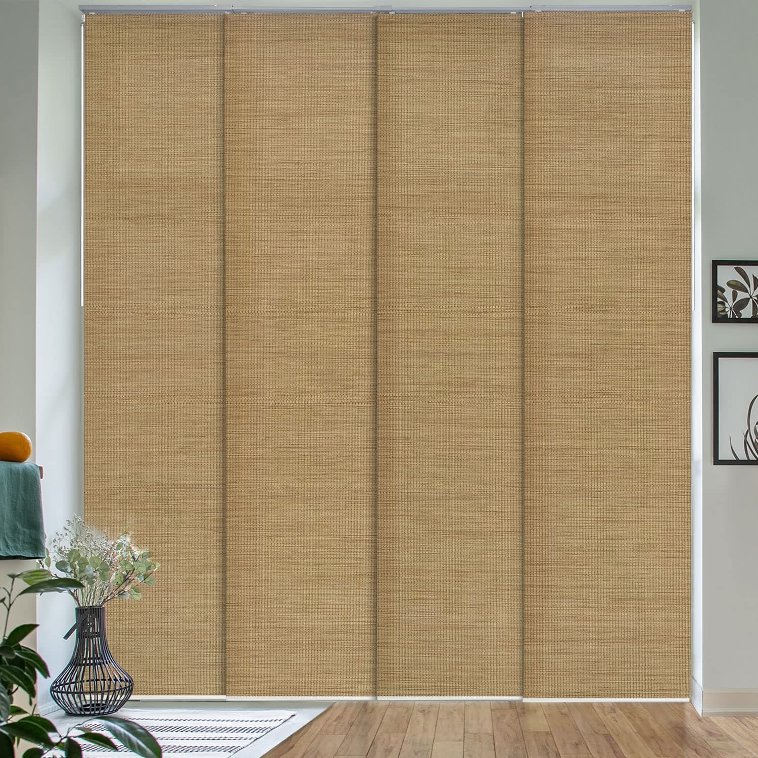GoDear Design Deluxe Adjustable Sliding Panel Track Blind 45.8"- 86" W x 96" H, Extendable 4-Rail Track Track, Trimmable Natural Woven Fabric, Pecan