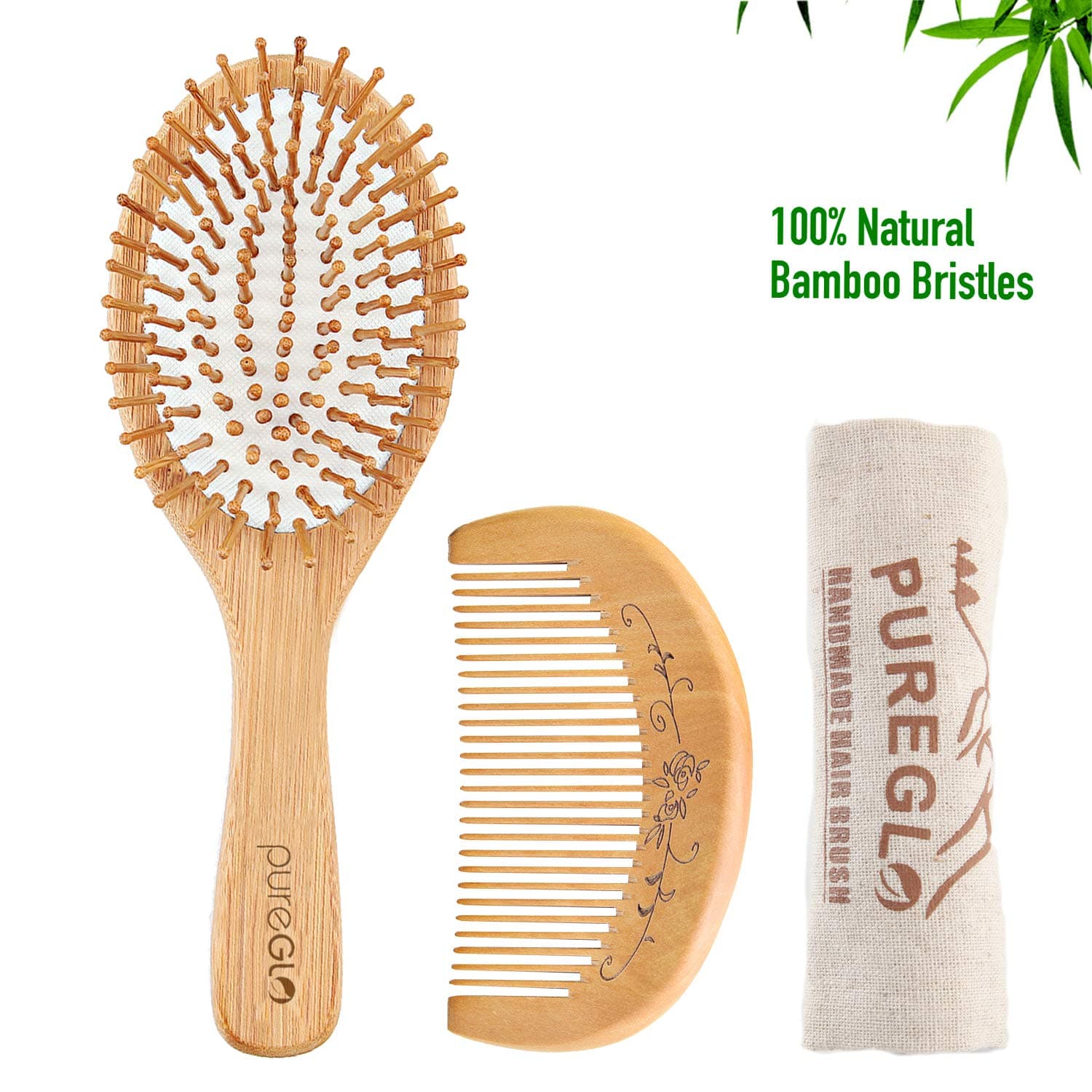 Natural Wooden Hair Brush – pureGLO Bamboo Bristle Detangling Hairbrush for Women Men and Kids - Reduce Frizz, Massage Scalp for Straight Curly Wavy Dry Wet Thick or Fine Hair (Brush set 2)