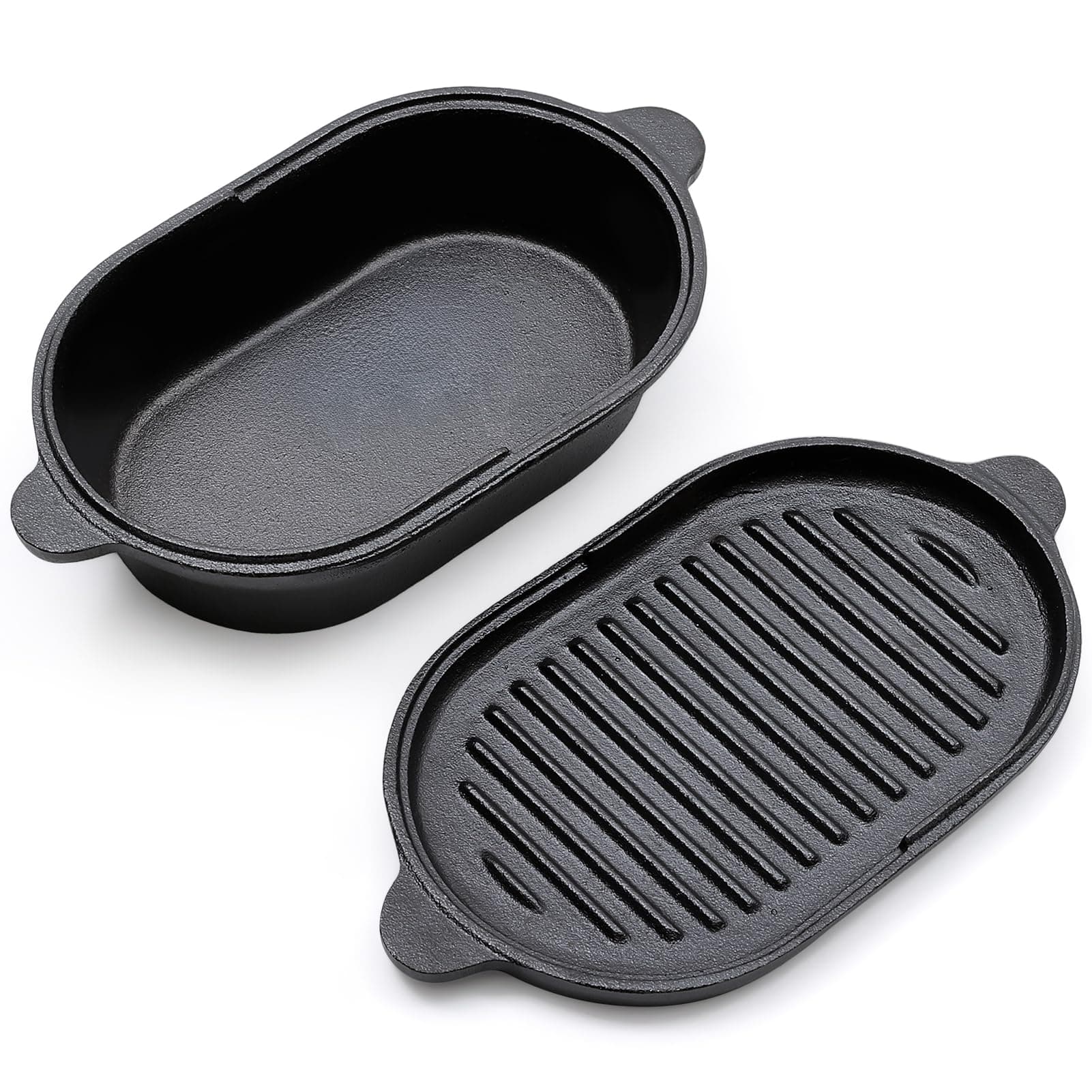 Warmiehomy 2 in 1 Cast Iron Dutch Oven,23cm Pre-Seasoned Cast Iron Pot with Skillet Lid,Non-Stick Skillet and Pot Set with Two Handles for Indoor Outdoor,Oval 2L