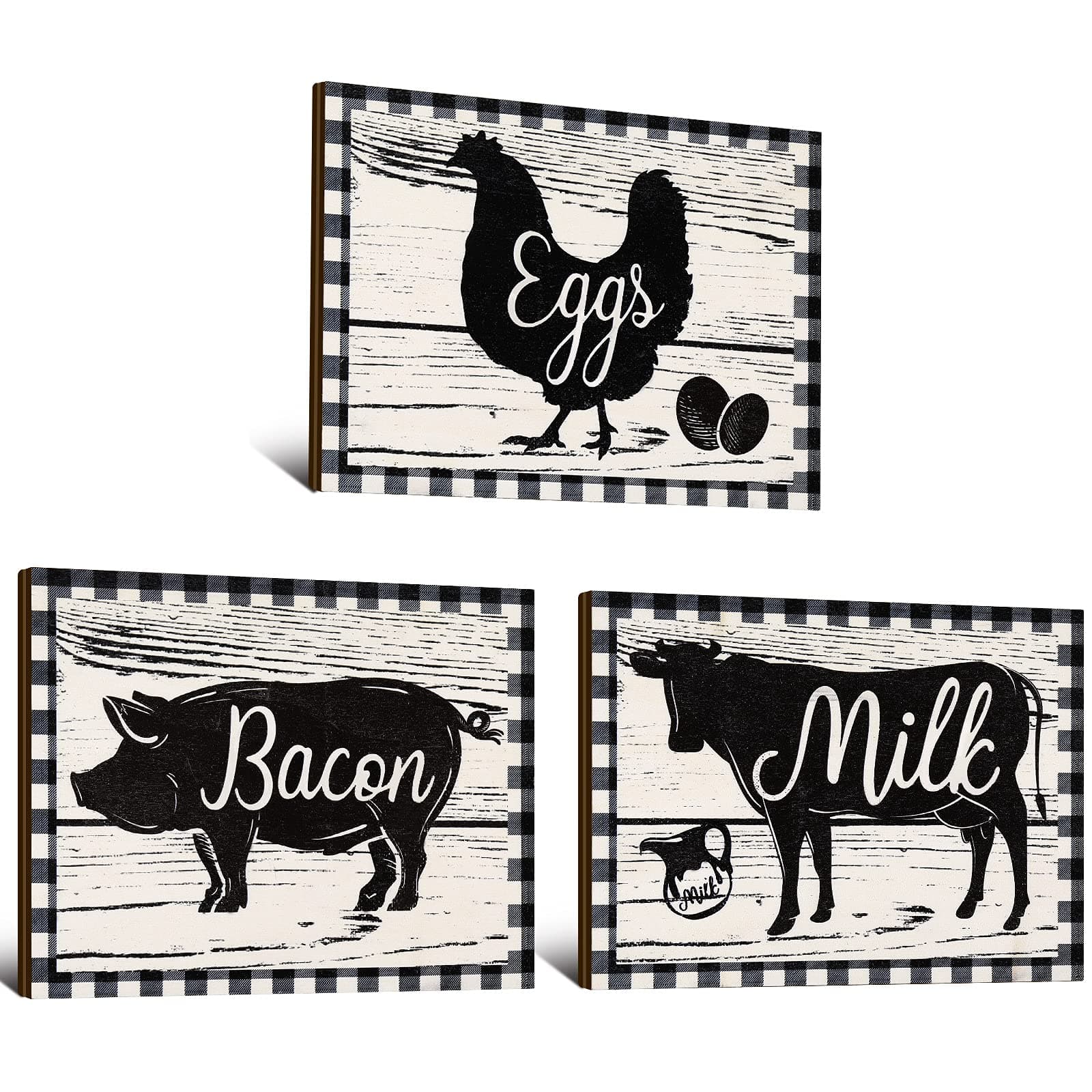 Jetec 3 Pieces Farmhouse Kitchen Decor Wooden Pig Cow chicken Signs Rustic buffalo plaid wall art farm animal Plaque for Kitchen Home Wall Decorations, 7.9 x 5.9 Inch