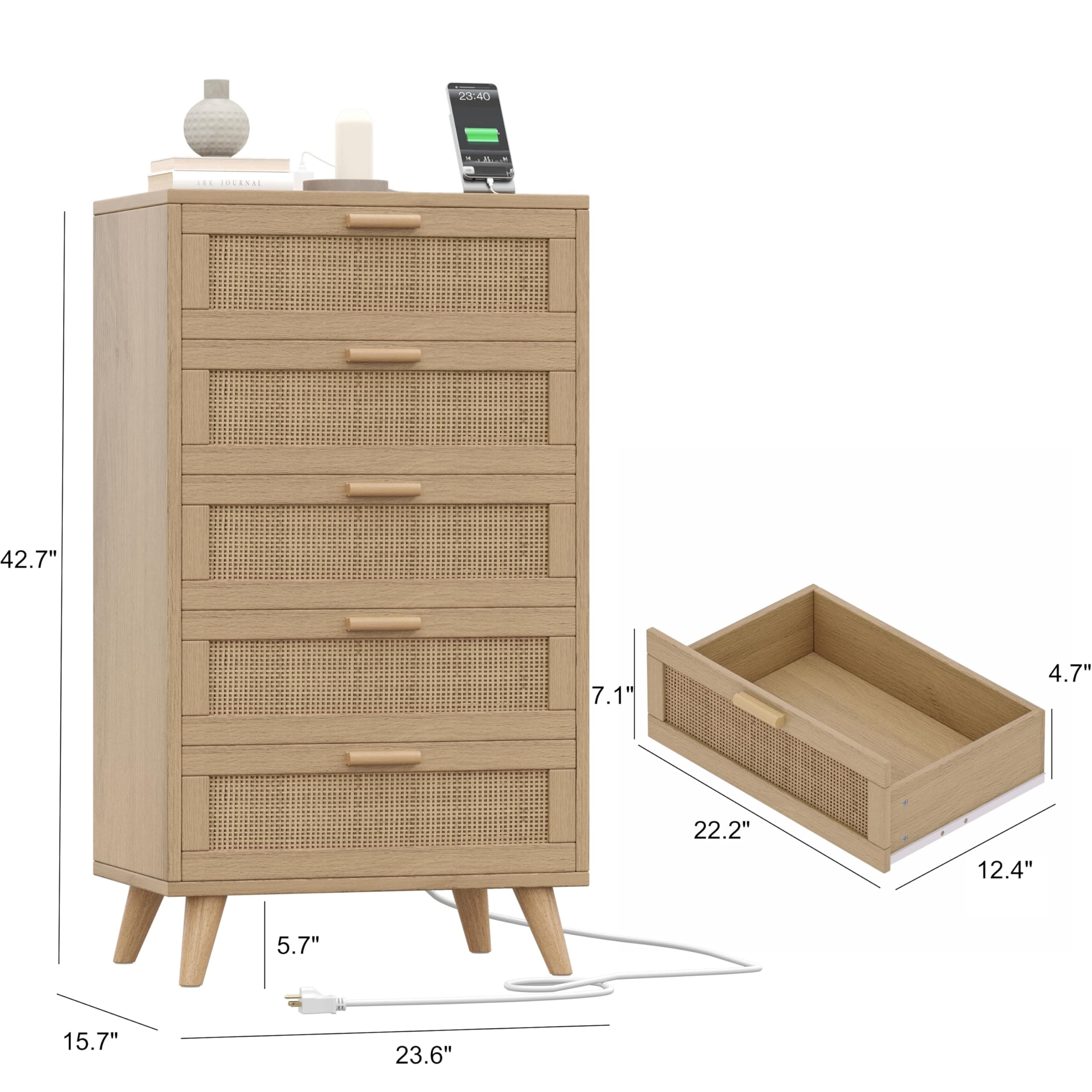 Rovaurx Modern 5 Drawer Dresser for Bedroom, 42.7" Tall Rattan Chest of Dressers with Charging Station, Dresser Chest with Wooden Handles, Beside Table for Closet, Living Room and Entryway, Natural