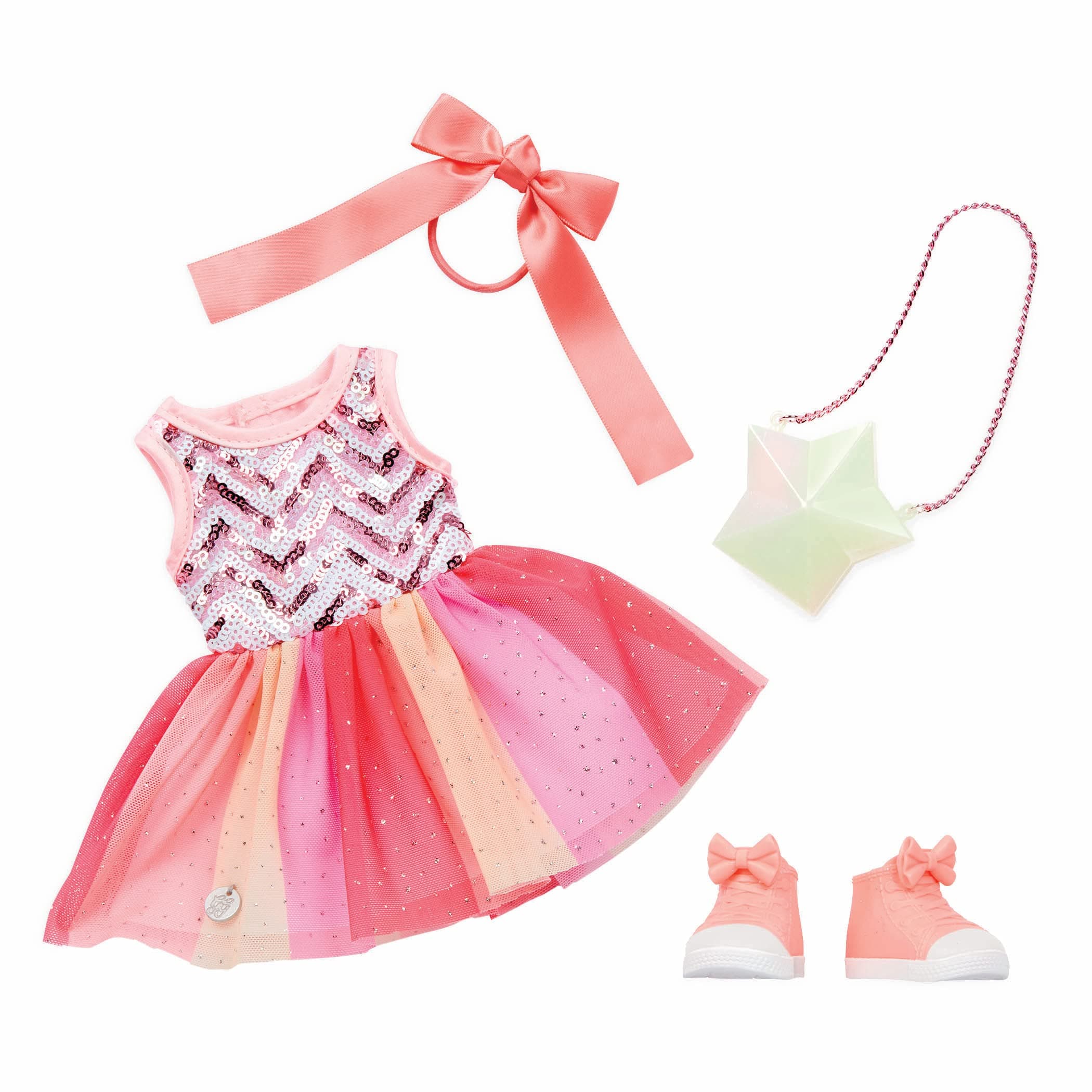14-Inch Doll Clothes – Sequined Party Dress – Pink High – Tops & Star Purse – Elastic Hair Bow – 3+ Years– Starlight Delight