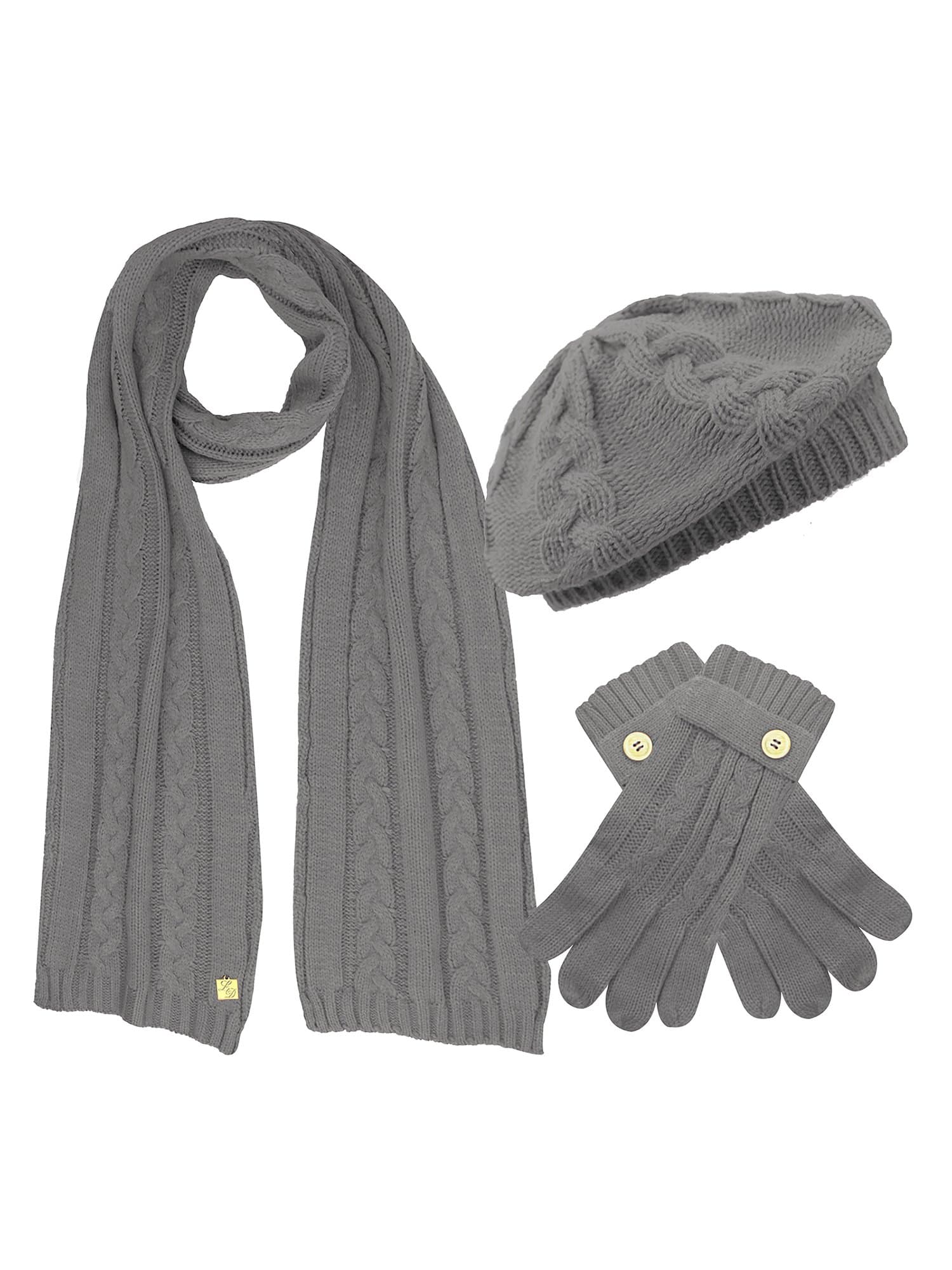 Dark Grey Cable Knit Beret Hat Scarf & Glove Matching 3 Piece Set Set
