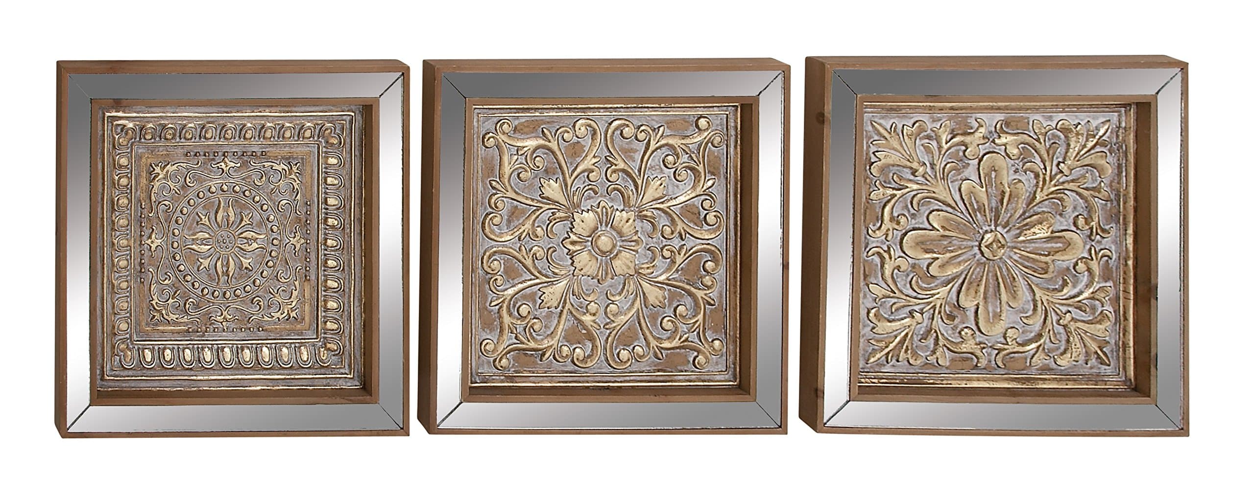 Deco 79Benzara Antique Colonial Traditional Metal Mirror Wall Plaque Set Of 3, Gold And Bronze