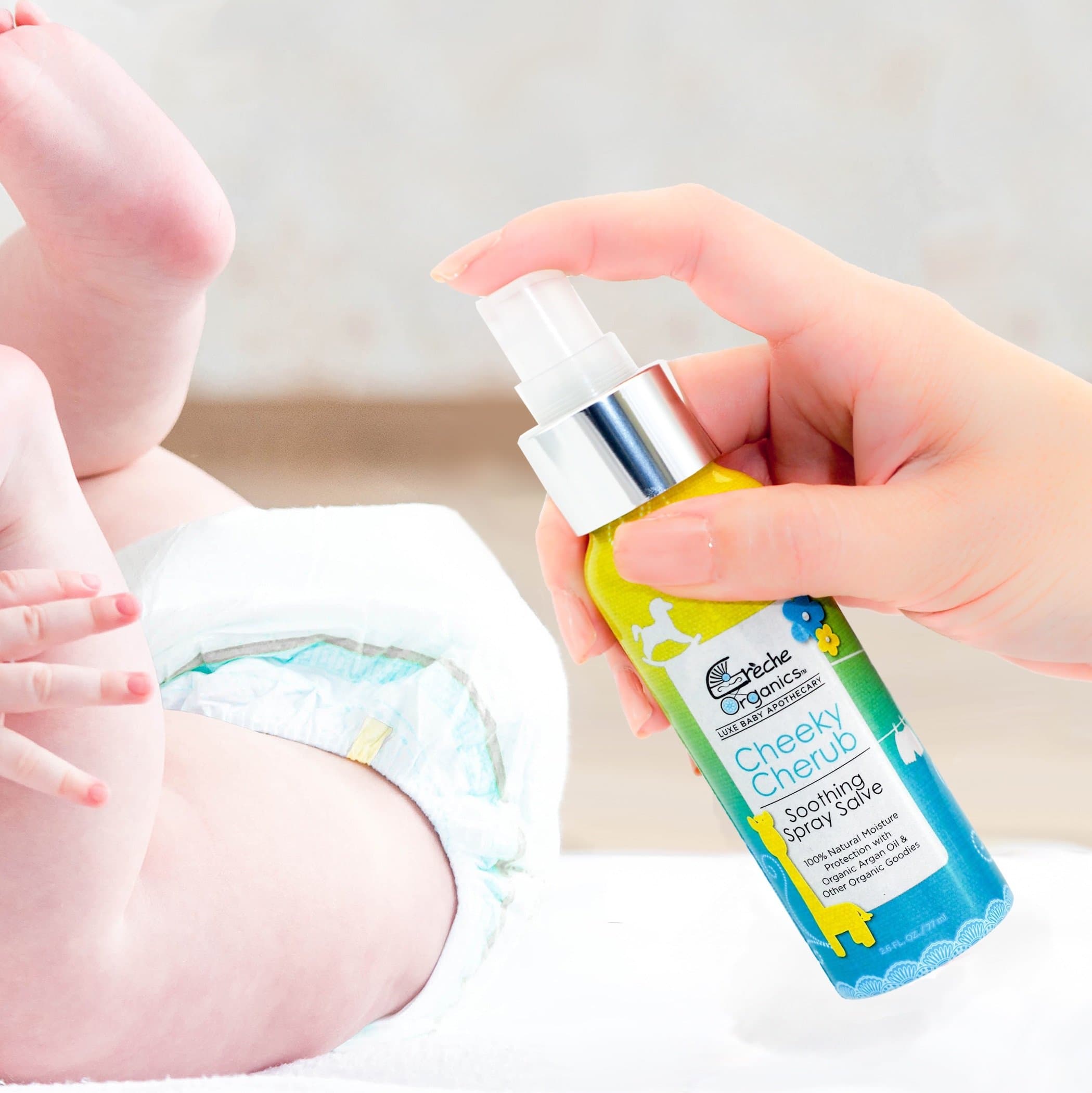 Cheeky Cherub, Natural Organic Luxe Spray Salve for Your Baby's Beautiful Bum; Easy, Hygienic and Convenient (No Messy Creams) Soothing Spray Serum with Argan Oil; Prevent & Heal Diaper Rash 2.6 fl oz
