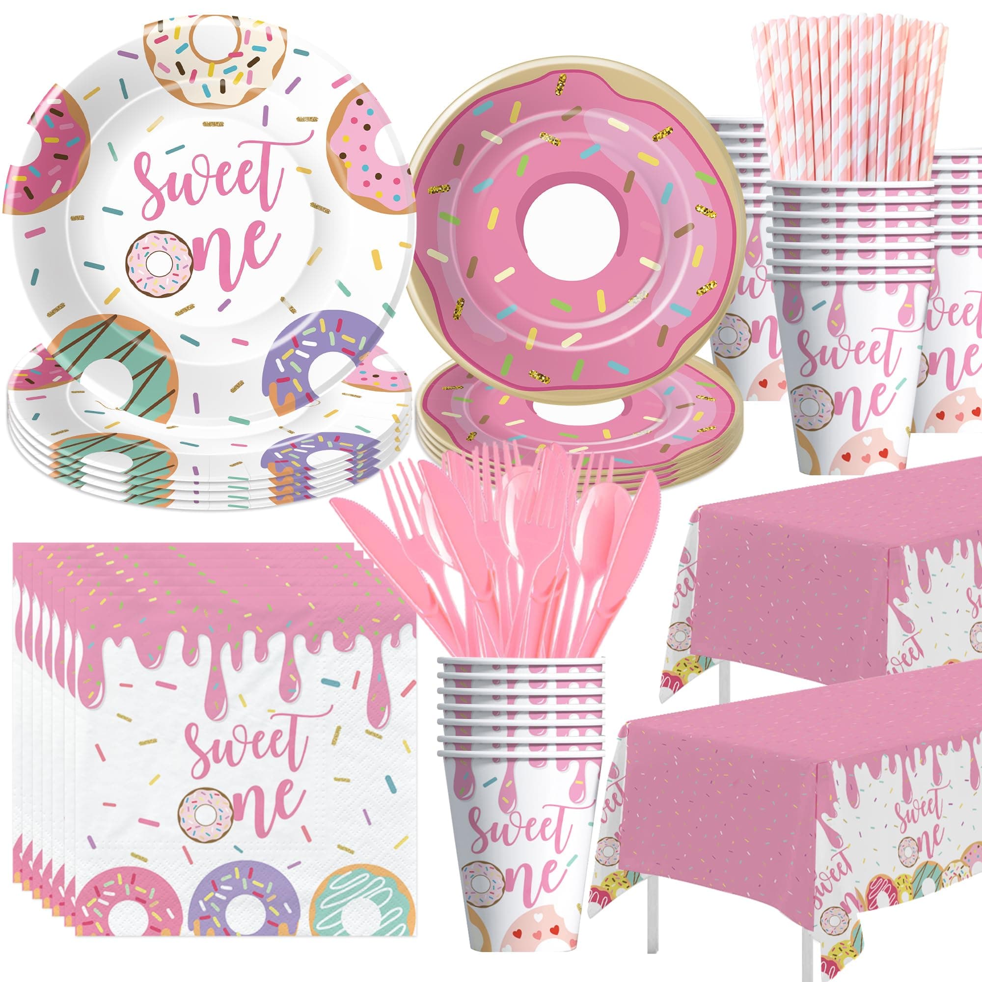 Xigejob Donut Sweet One Birthday Party Decorations Tableware For Girls First - Pink Donut 1st Birthday Party Supplies, Plate, Cup, Napkin, Cutlery, Tablecloth | Serves 24
