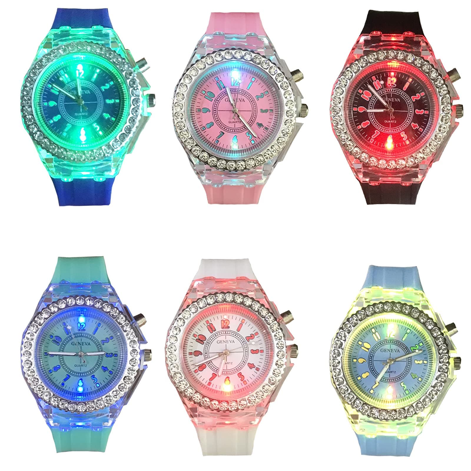 Silicone Bling Women Men Watch LED Luminous Colorful Lights Sport Watches (6 Pack)