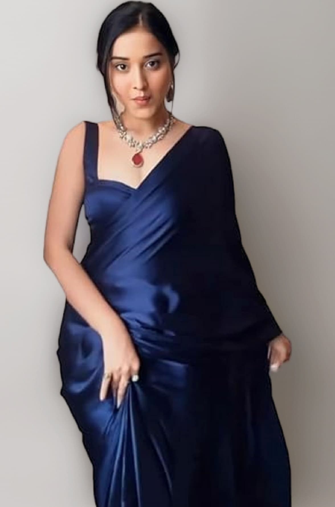 SHOPAZ Women Ready to Wear Plain Navy Blue Satin Silk Readymade Pre Pleated Saree With Unstitched Blouse