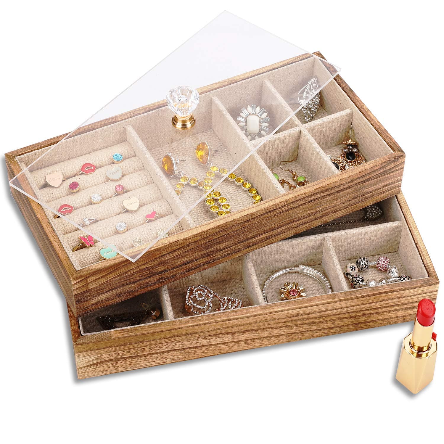 Keebofly Jewelry Tray with Lid Rustic Wood Jewelry Organizer Box Display with 2 Stackable Layers Jewelry Holder for Earrings Rings Necklaces - Carbonized Black