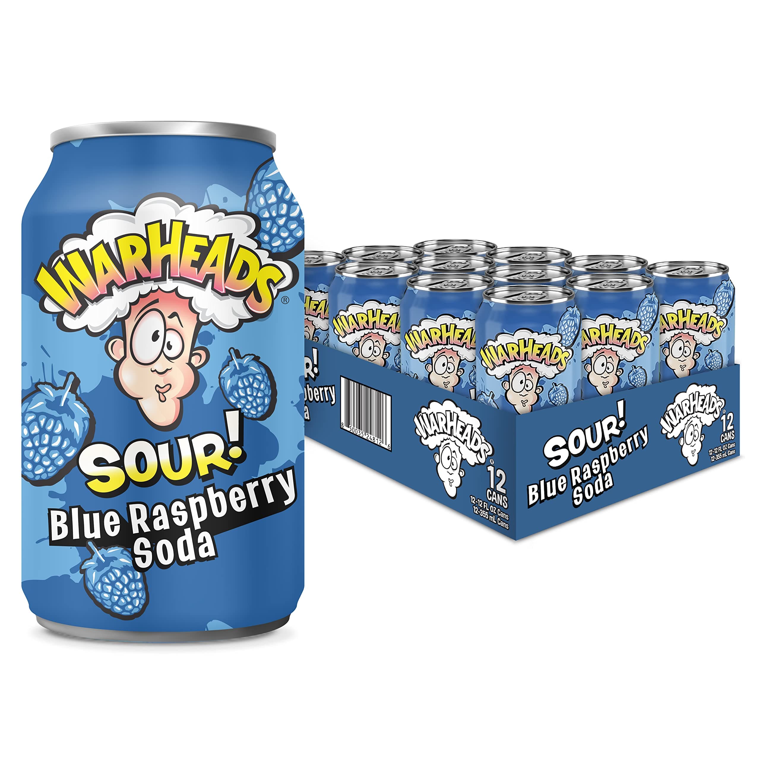 Sour Fruity Soda with Classic Warheads Flavors – Perfectly Balanced Sweet and Sour Soda - Warheads Candy Throwback Treat, Soda, Cocktail Mixer, Pack of 12, 12oz Cans (Blue Raspberry)