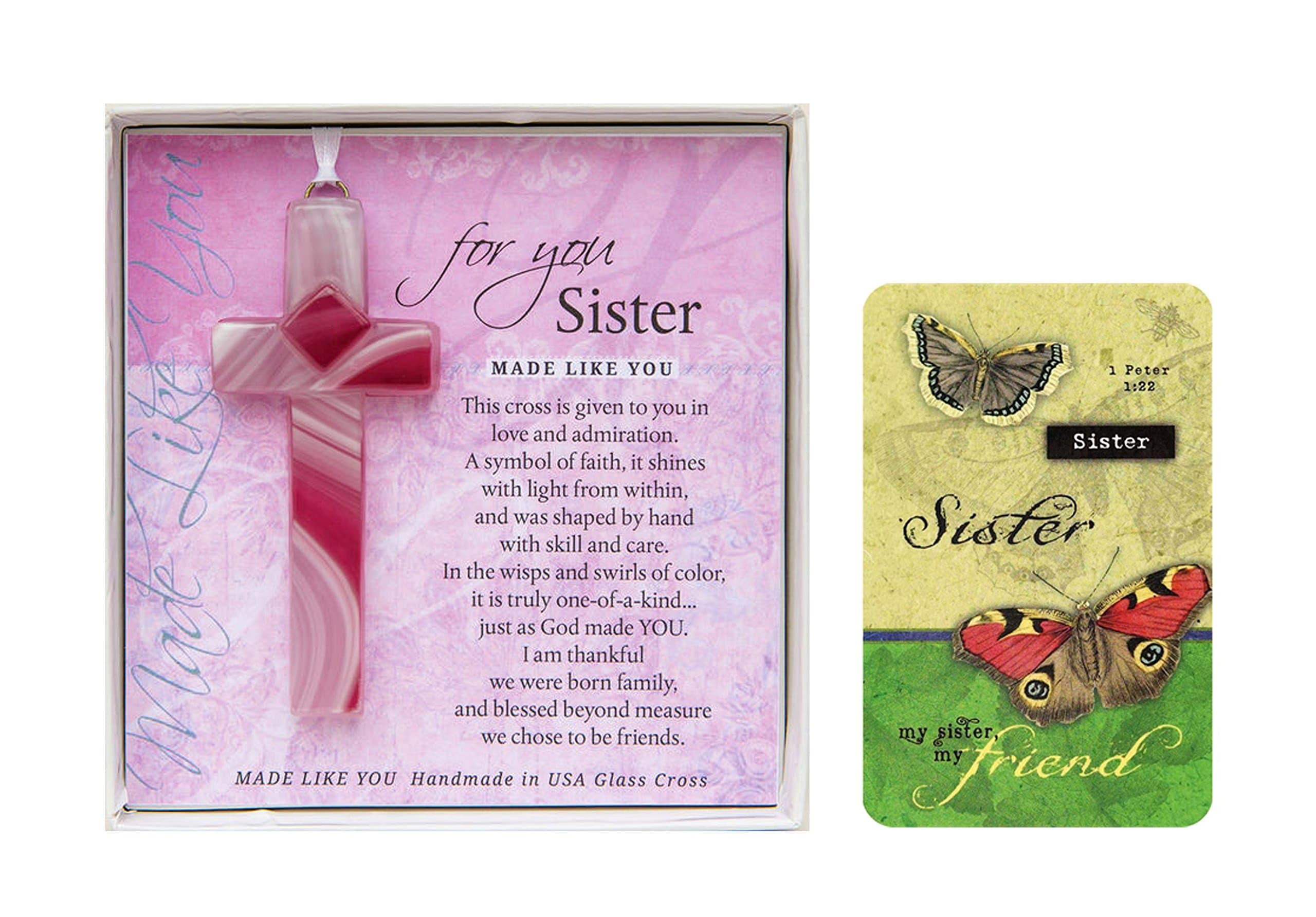 Sister Gifts Handmade In USA Mosaic Cross and Butterfly Message Card Great Gifts for Little Sister