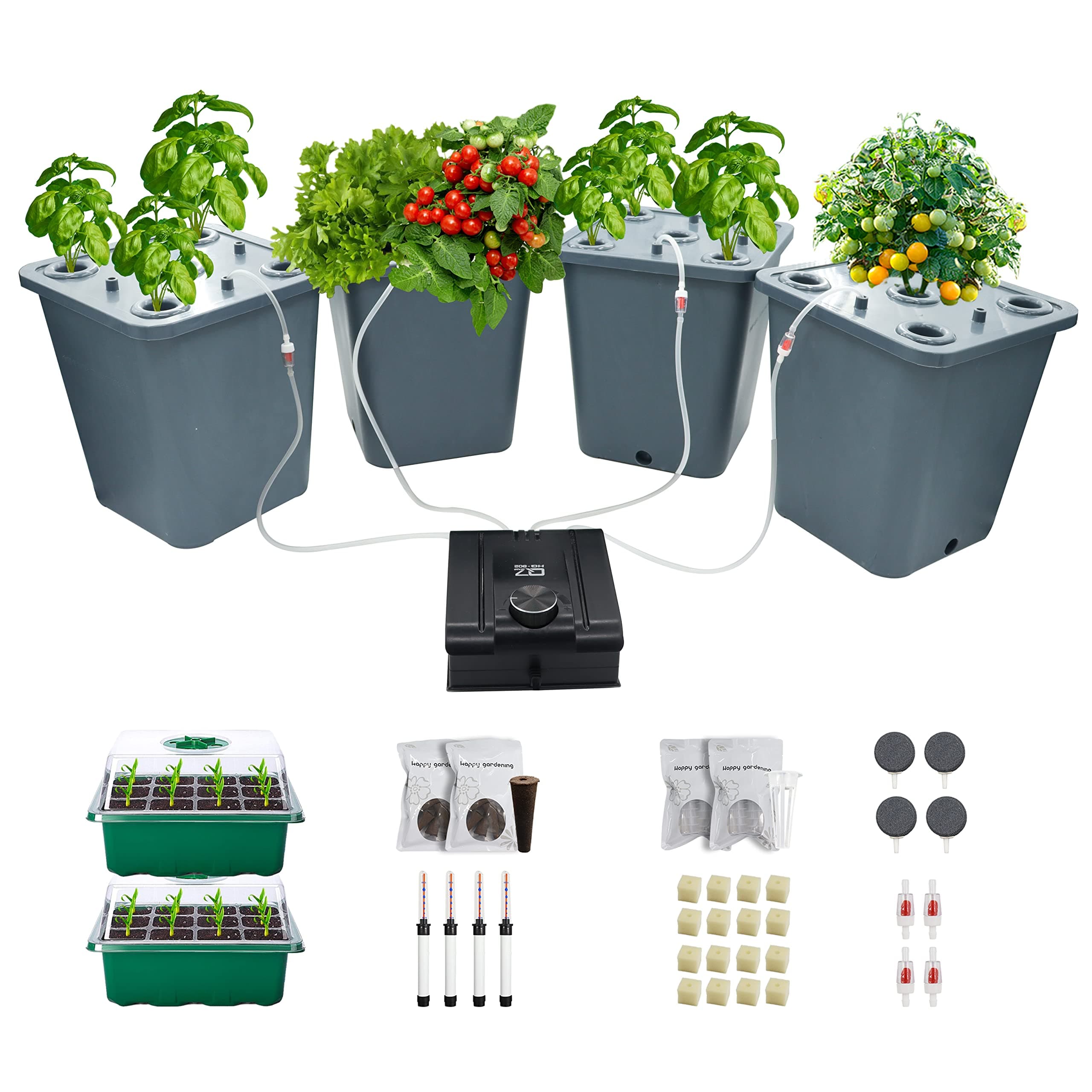 4 Hydroponic Buckets Kit for Plants, Hydroponics Growing System for Herbs/Tomato/Vegetables, DWC System with Air Pump & Germination Tray (Complete Indoor Hydroponic Gardening Supplies)