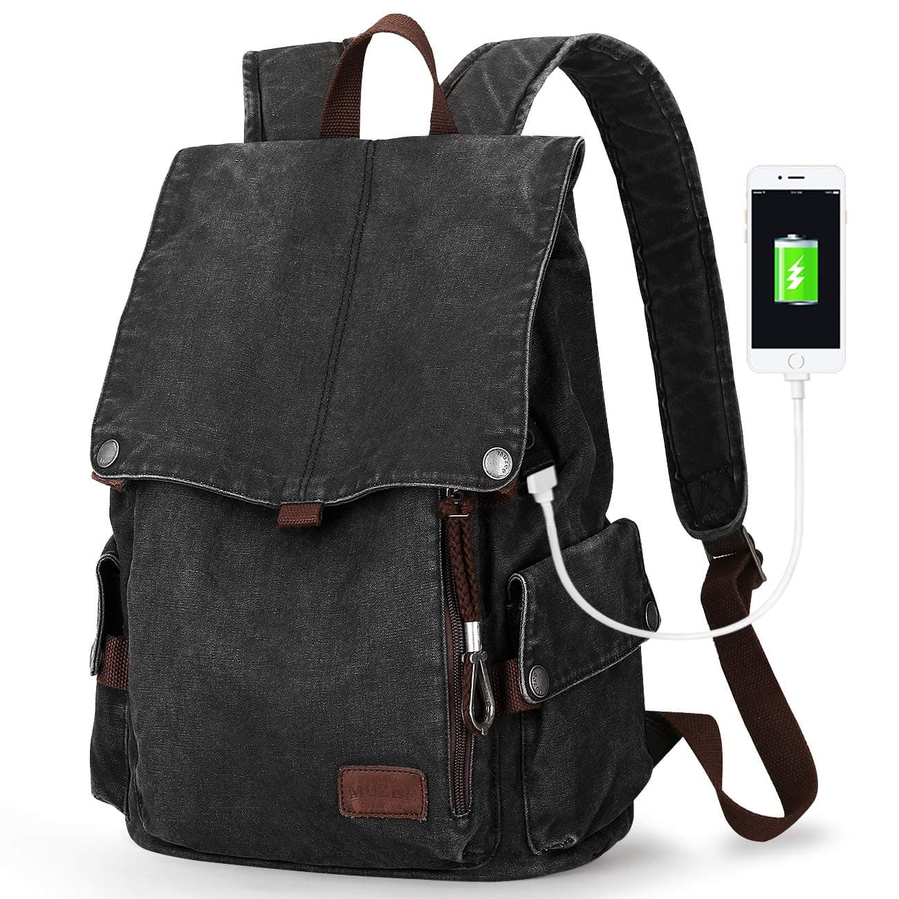 Muzee vintage Canvas Backpack for School bookbag unisex Travel Rucksack for hiking Mountaineering Bag for men and women Fits 15.6 inch Laptop (black gray)