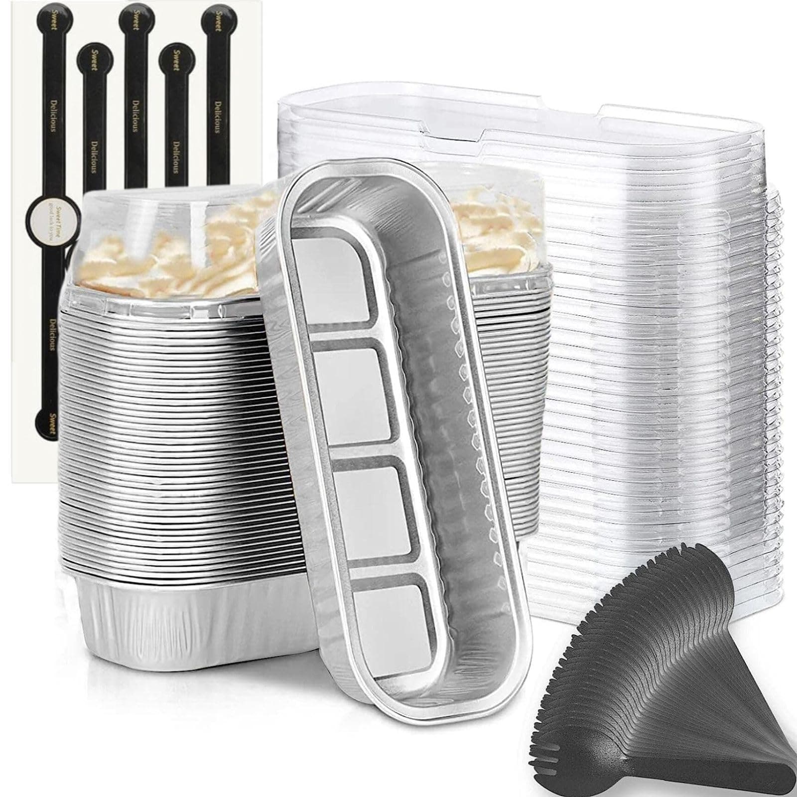 Mini Loaf Baking Pans with Lids and Spoons (50 Pack, 6.8oz) Rectangle Aluminum Foil Baking Pans Tins Containers - Cupcake Containers Wrappers Cheesecake Creme Brulee Ramekins