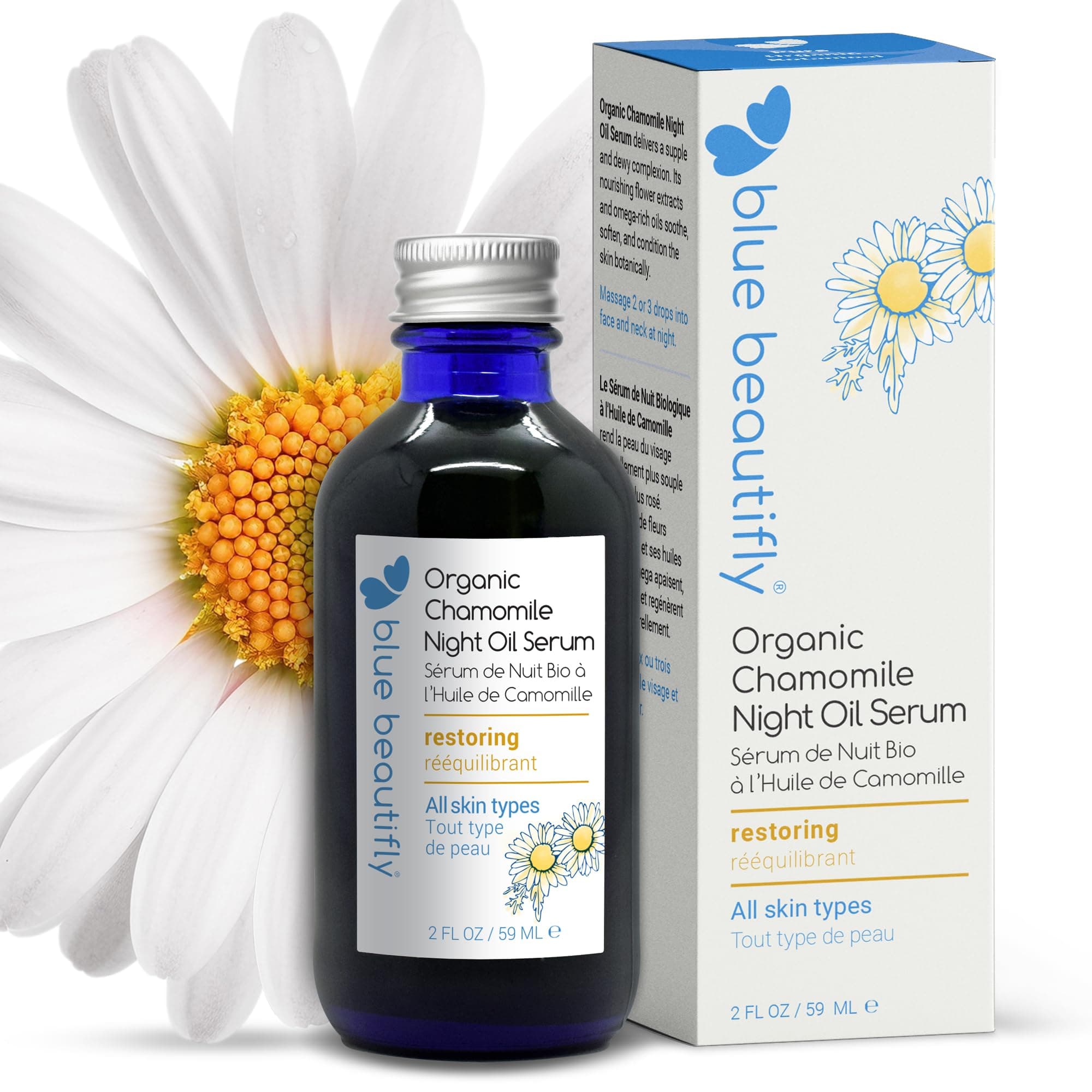 Blue Beautifly USDA Certified Organic Chamomile Night Face Oil Serum - Restores Healthy Skin Regeneration - Non-comedogenic, 100% Plant-based - Omega Rich Oils Boost Collagen Production - 2 fl oz