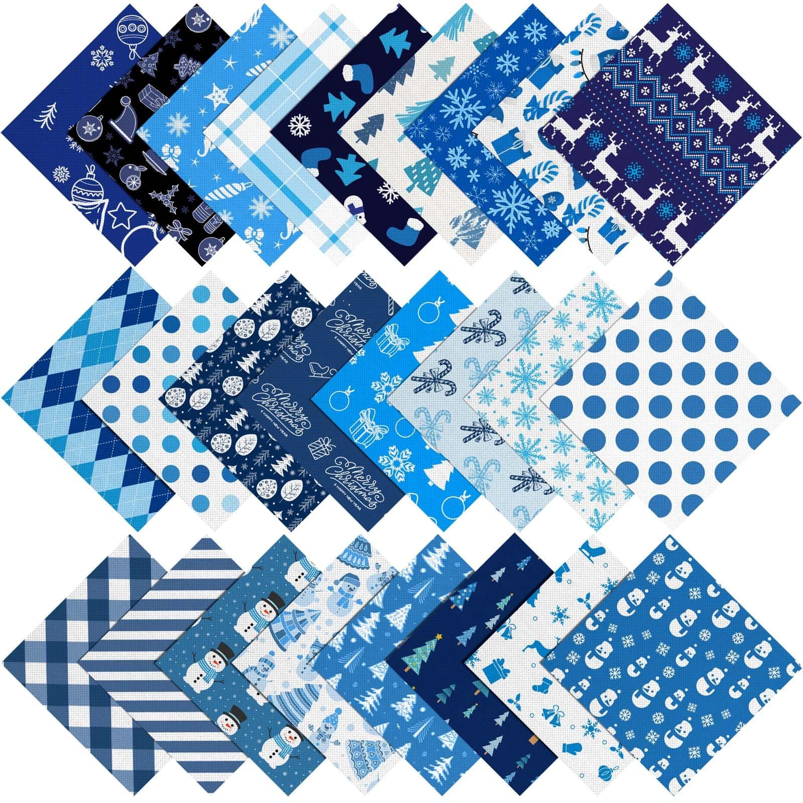 Hicarer 50 Pcs 10 x 10 Inch Christmas Cotton Fabric Square Winter Blue White Quilting Fabric Bundles Patchwork Snowflake Reindeer 25 Styles Christmas Printed Fat Quarter for Xmas Sewing DIY Crafts