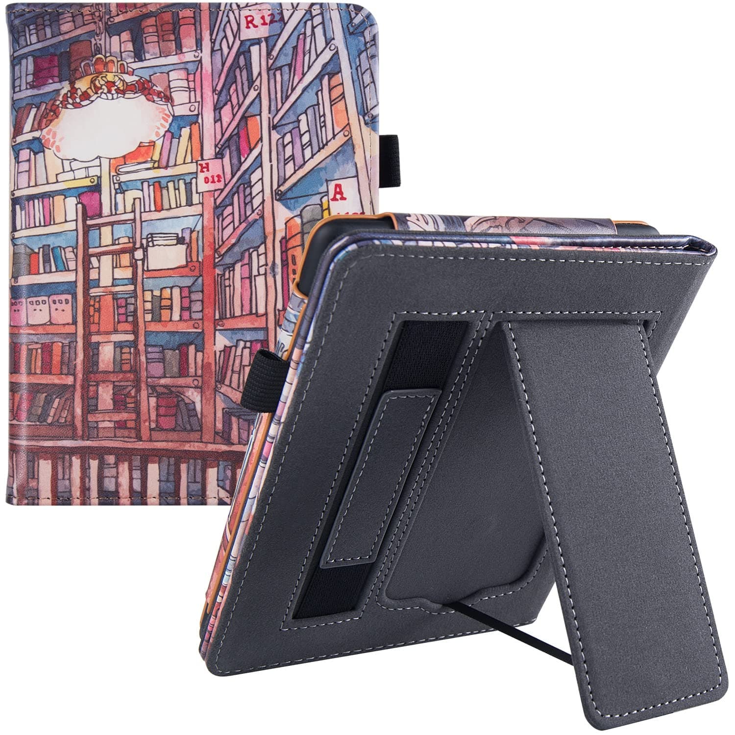 BOZHUORUI Kindle Paperwhite 11th Generation Case 2021 (Including 6.8 inch Signature Edition and Kids Edition) Premium PU Leather Cover with Stnd/Hand Strap and Auto Sleep/Wake (Bookstore)
