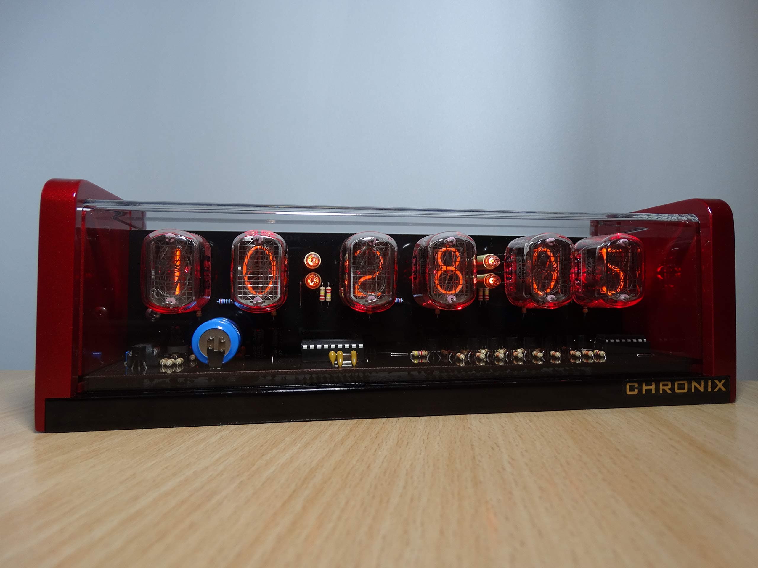 CHRONIX Vintage Nixie Tube Clock with 6xIN-12 displays & alarm & red backlight & red and black acrylic case