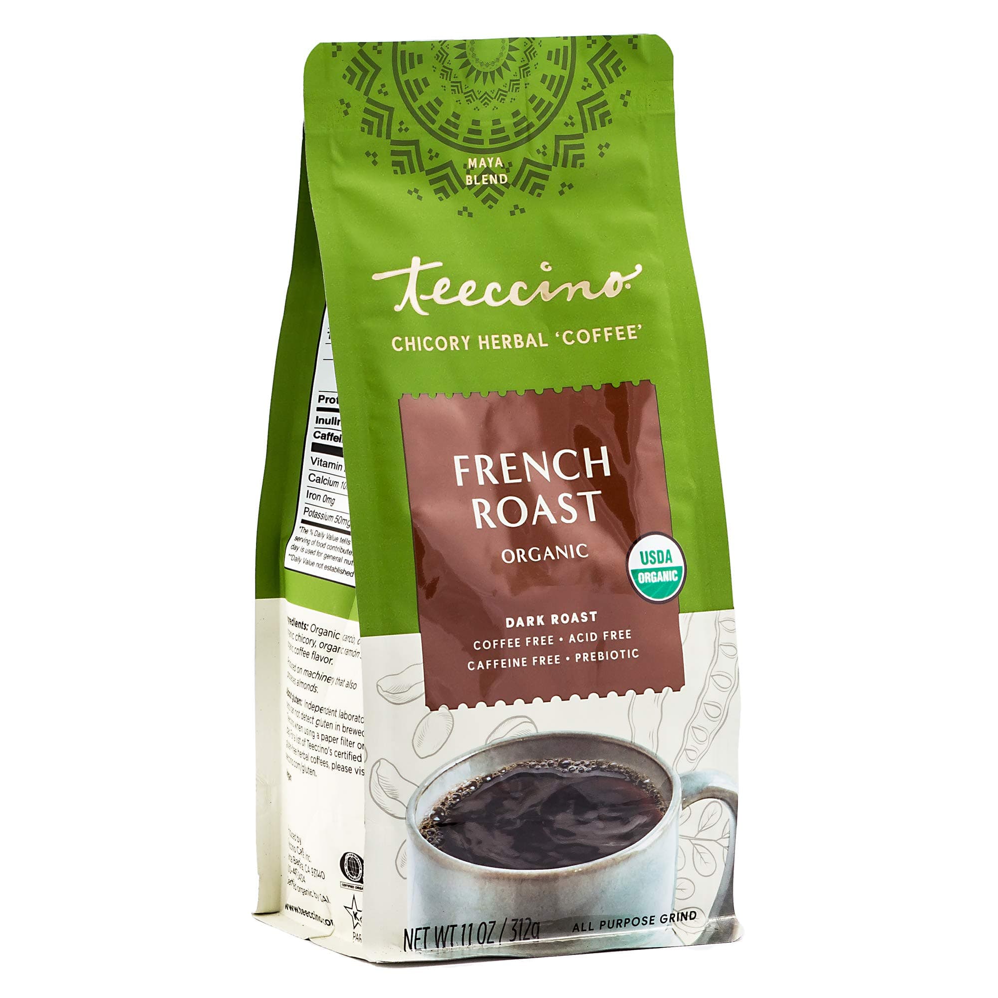 Teeccino Caffeine Free Maya Herbal Coffee, French Roast - 11 Ounce, (Pack of 6)