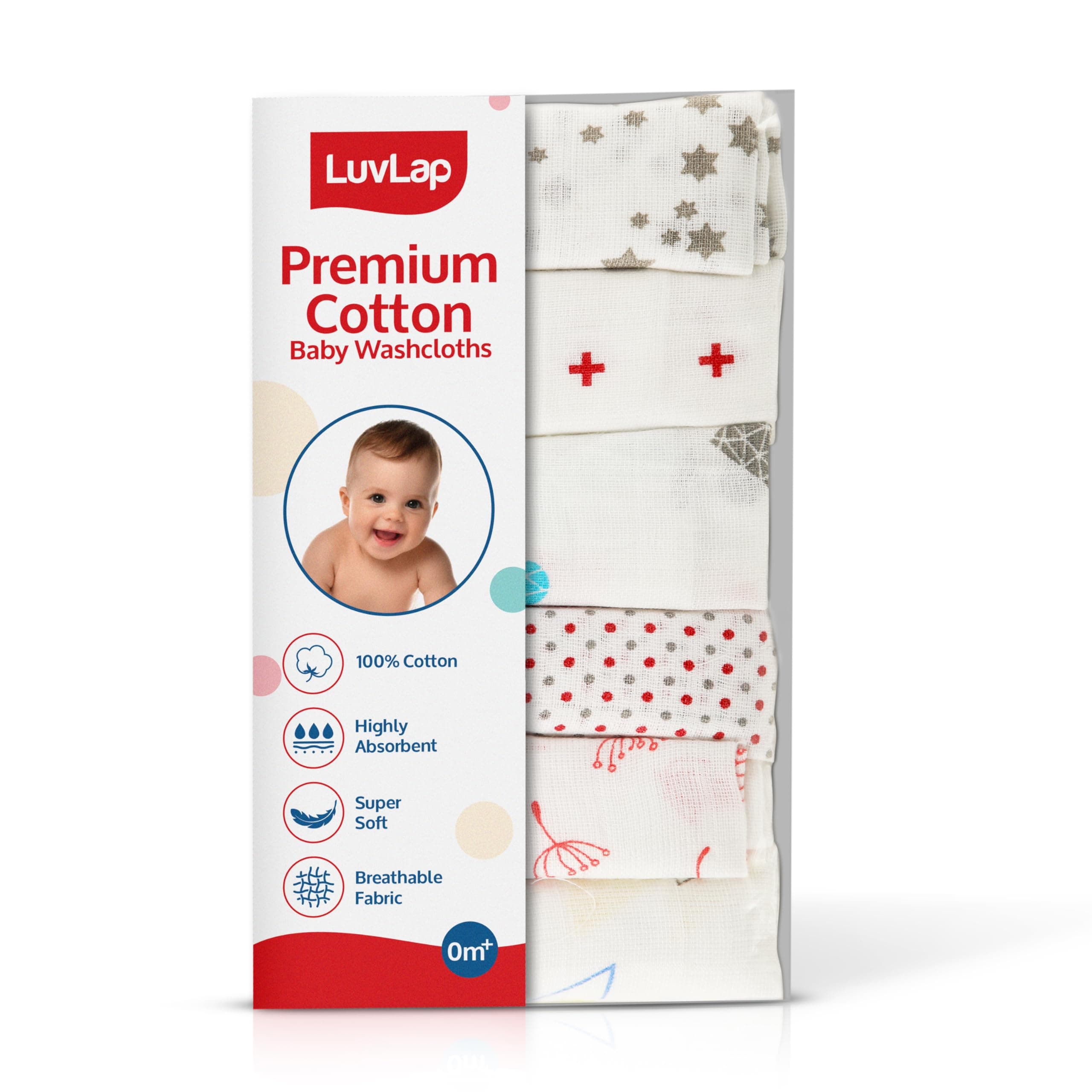 LuvLap Muslin Cotton Cloth Premium Baby Washcloth for New Born, Washable (22 cm x 22 cm), Reusable, Absorbent, Extra Soft Face Towels/Washcloth for Babies, Dots, Hearts Print, Pack of 6, Multicolour