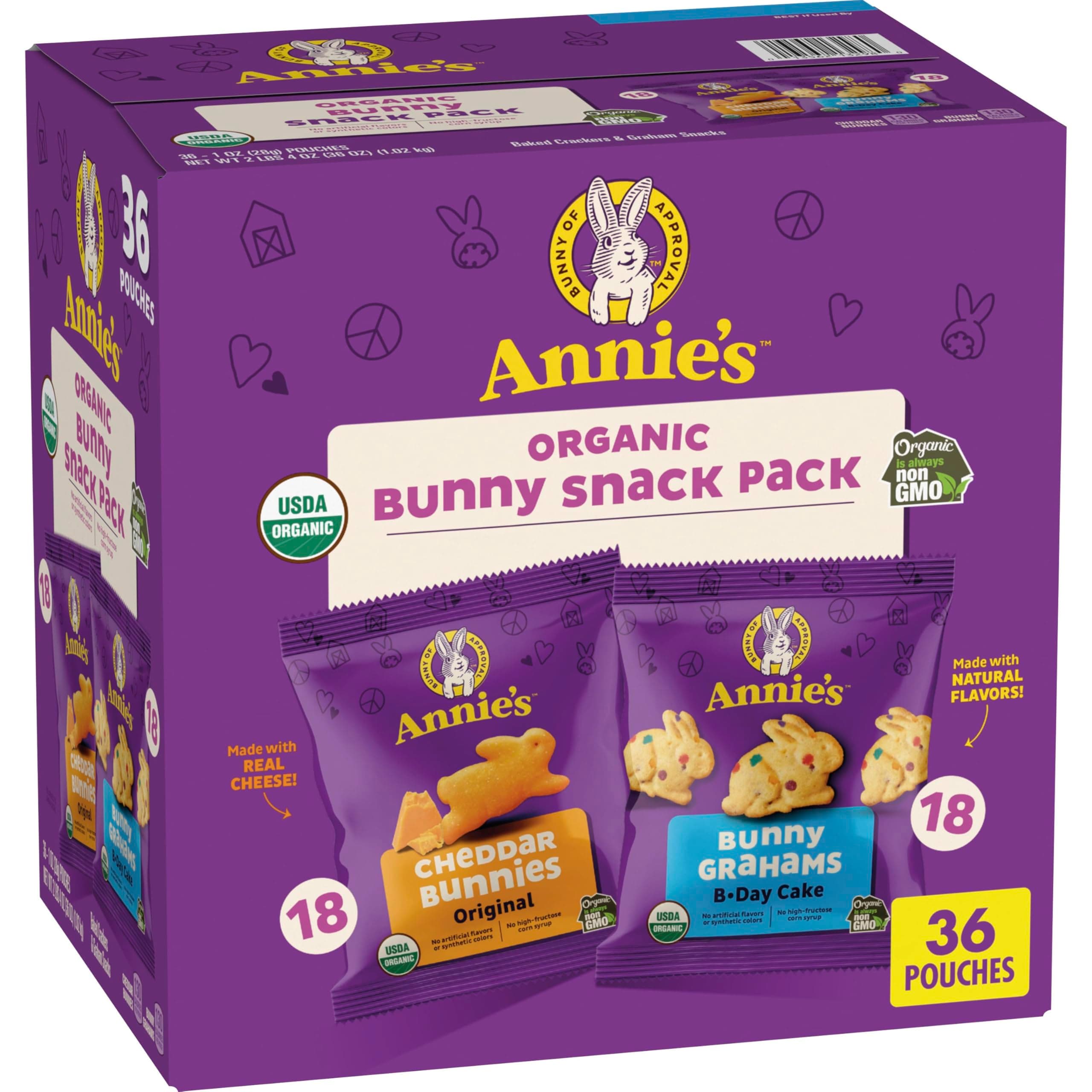 Annie's Organic Snack Pack, Cheddar Bunnies Crackers and Birthday Cake Bunny Grahams, 36 Ct, 36 oz
