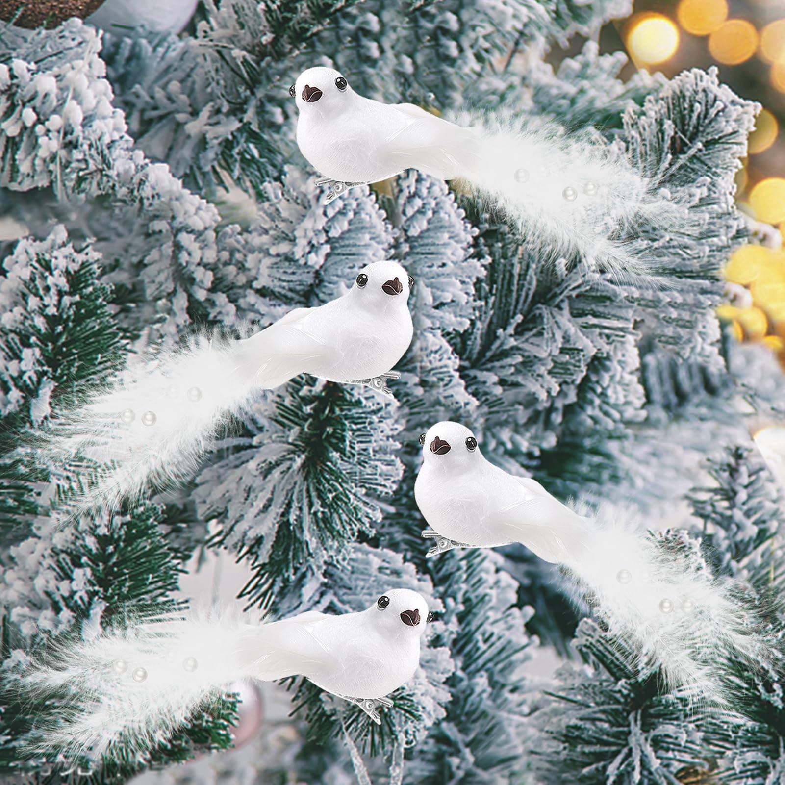 12 Pcs Artificial Christmas Dove Birds with Clip, White Feather Xmas Tree Ornaments Wreath Flower Arrangement Supplies for Party Wedding Decor DIY Craft Gifts