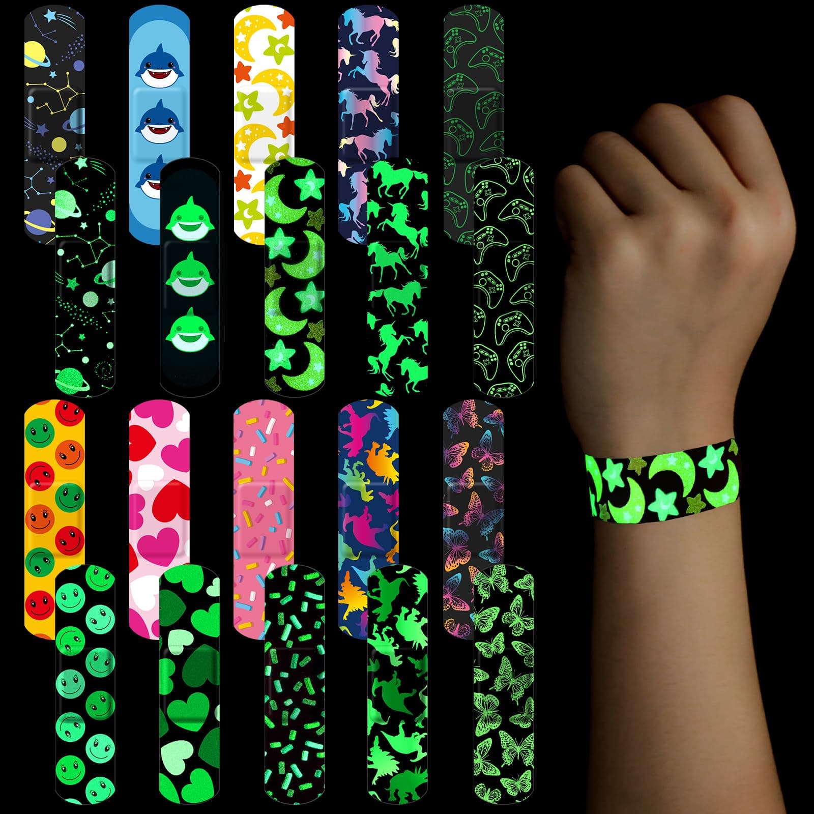 100 Pcs Glow in the Dark Bandage for Kids Cute Breathable Waterproof Neon Bandages for Girls Boys Children Toddlers Adhesive Flexible Wrap for Cuts, Scrapes, Wounds(Cute)