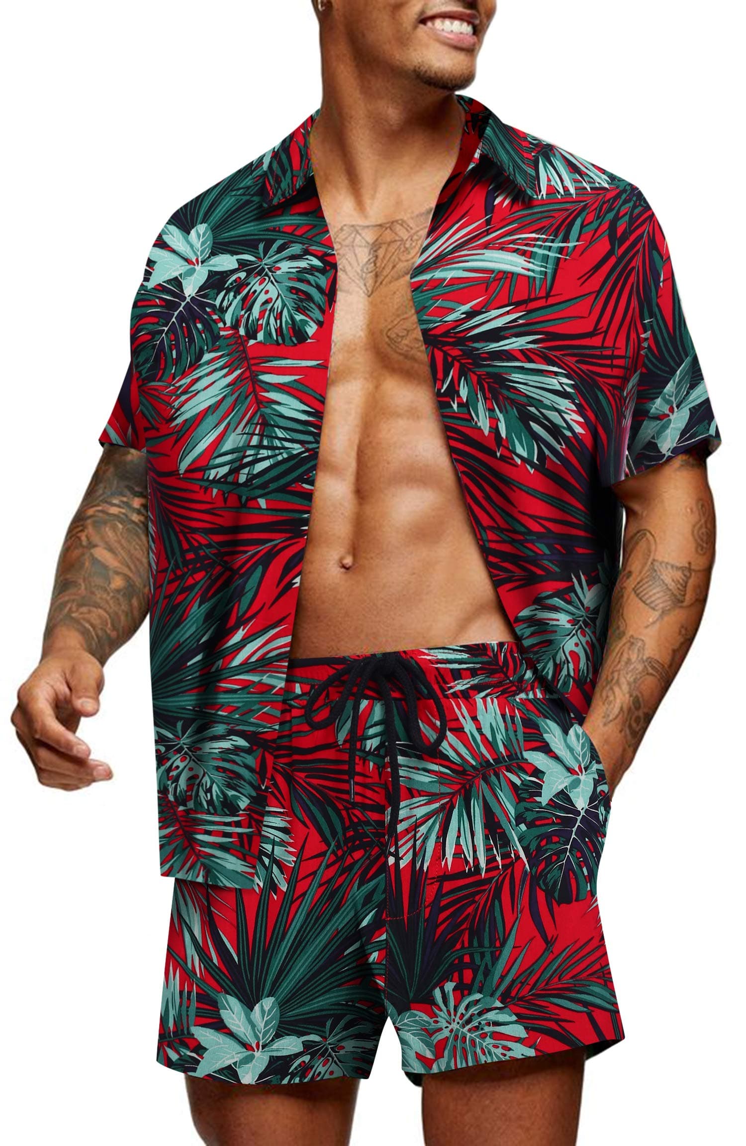 COOFANDYMen's Hawaiian Matching Set Summer Beach 2 Piece Outfits Flower Button Down Shirts and Shorts Vacation Outfits