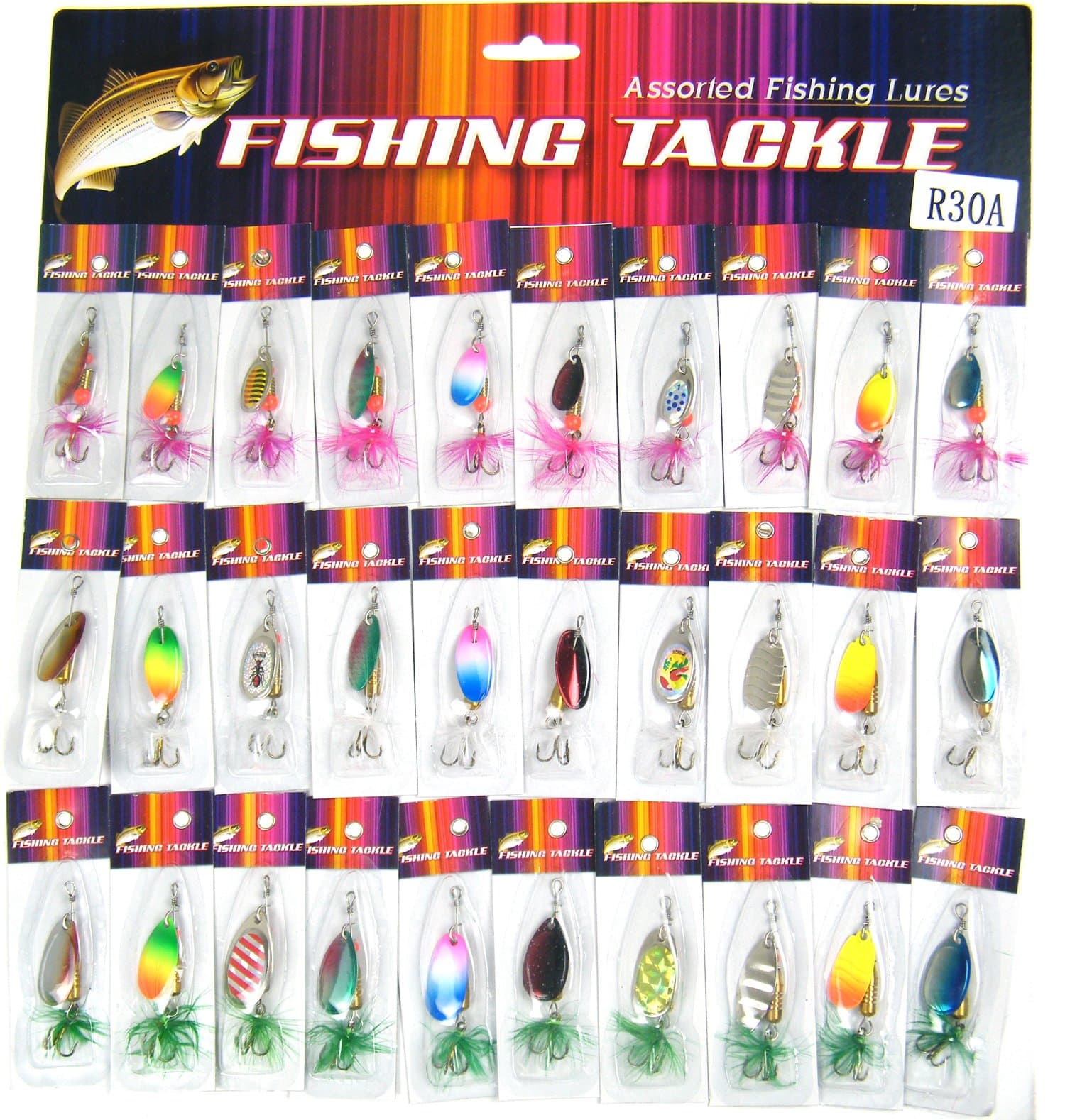 QualyQualy 30Pcs Fishing Lures Baits Tackle, Fishing Spoon Lure Spinnerbait Bass Walleye Trout Salmon Hard Metal Spinner Baits Kit