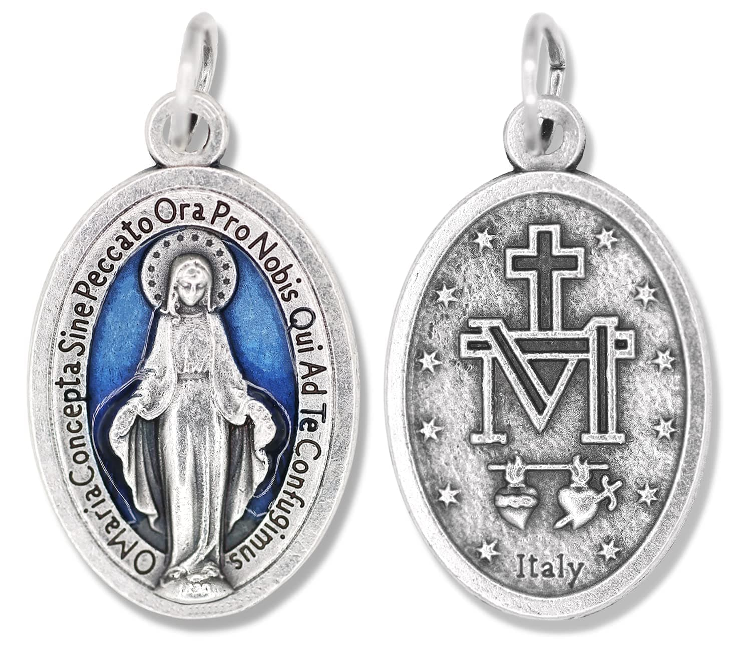 Bulk Pack of 5 - Miraculous Medal Pendant with Blue Enamel Silver Oxidized - 1"