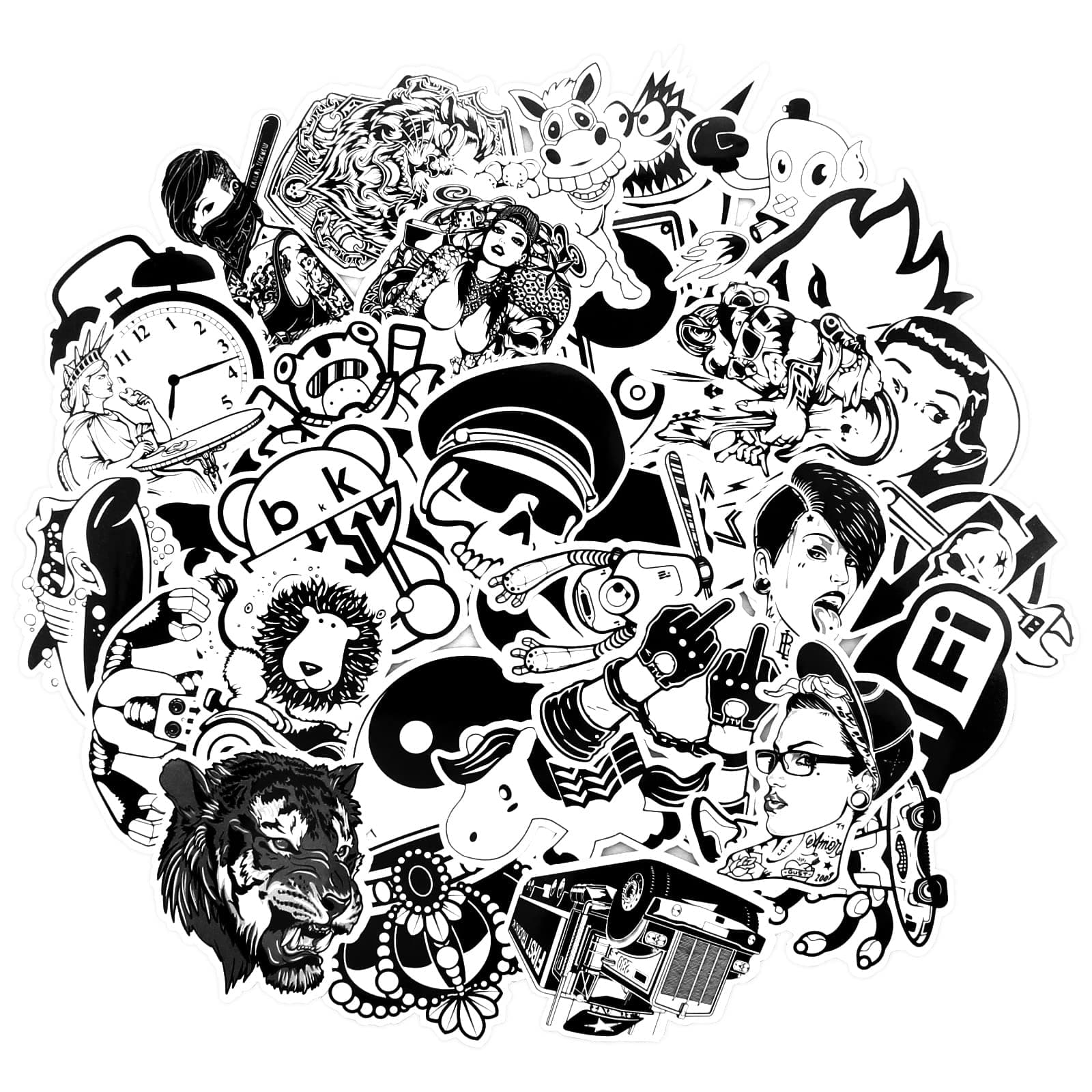 JustYit 100pcs Vinyl Stickers Black White skull Graffiti Stickers Sticker Decals Graffiti Patches Skateboard skull Top Trendy Random Styles Stickers Pack Vinyls for Motorcycle Bumper Stickers Hippie