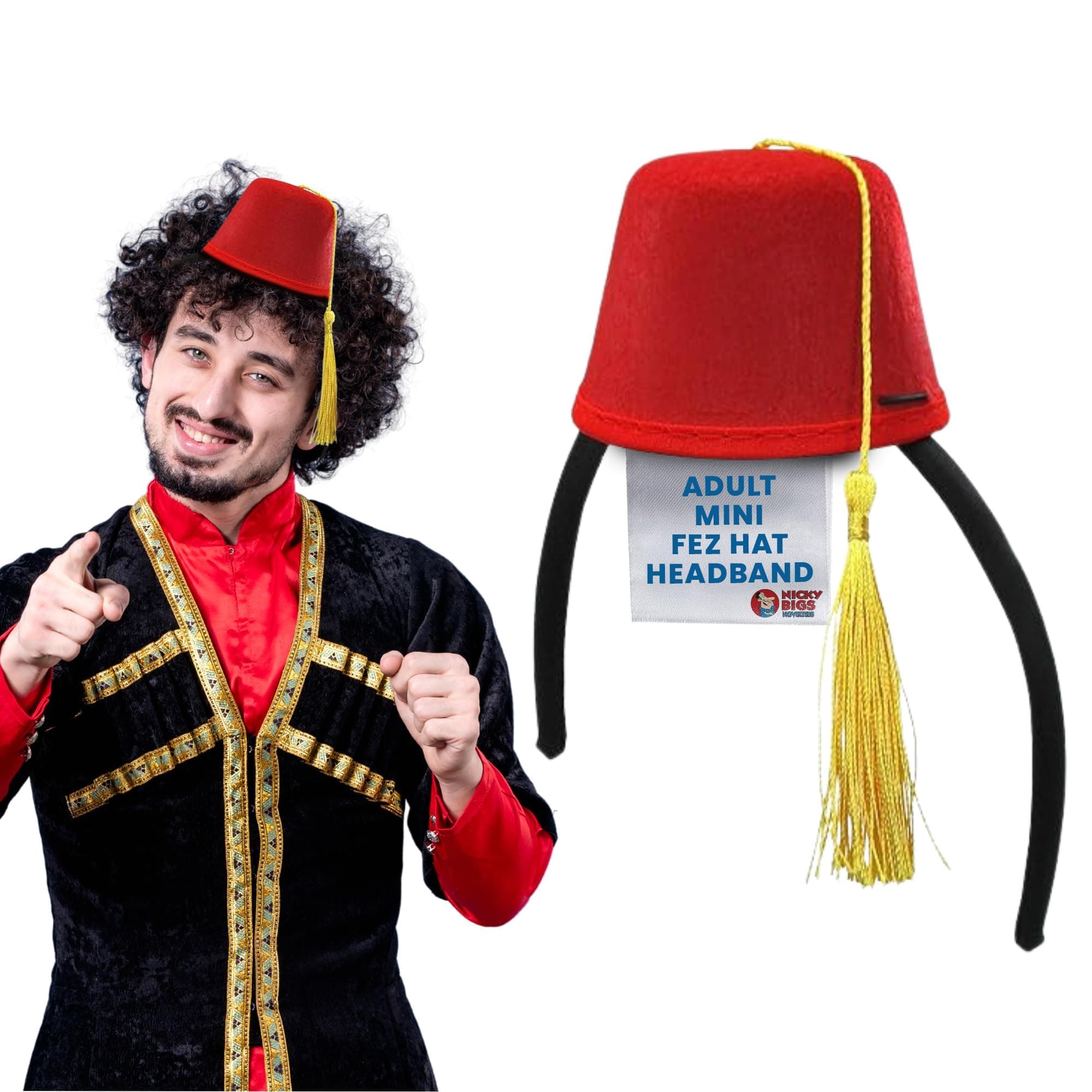 Nicky Bigs Novelties Adult Costume Accessory Mini Fez Hat Headband - Red Felt For Turkish Costumes, Bellhop Hat, Shriner Sultan Tarboosh Or Arabian One Size,