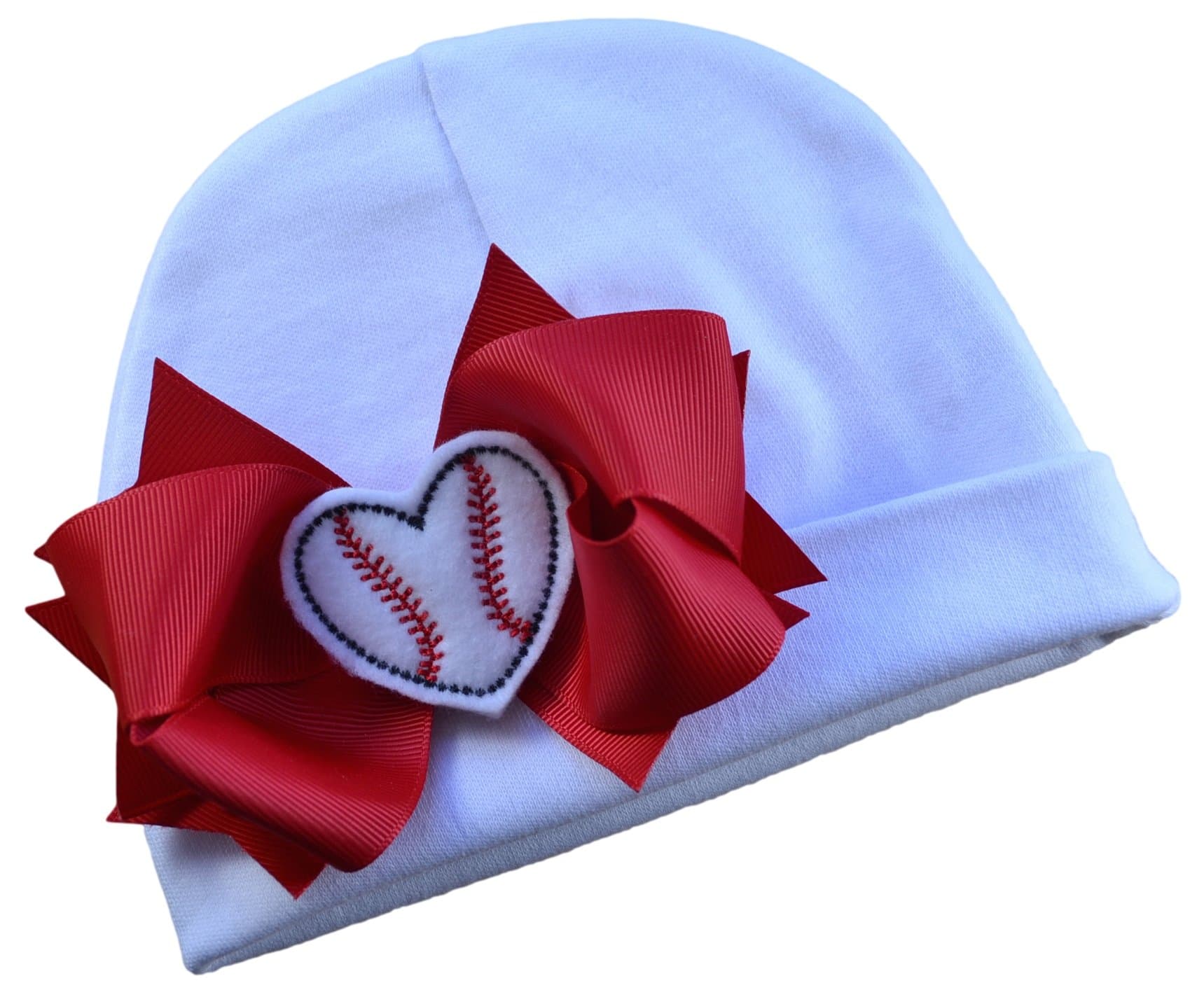 Baseball Bow Cotton Baby Hat with Embroidered Baseball Heart Fits Babies 0-6 Months