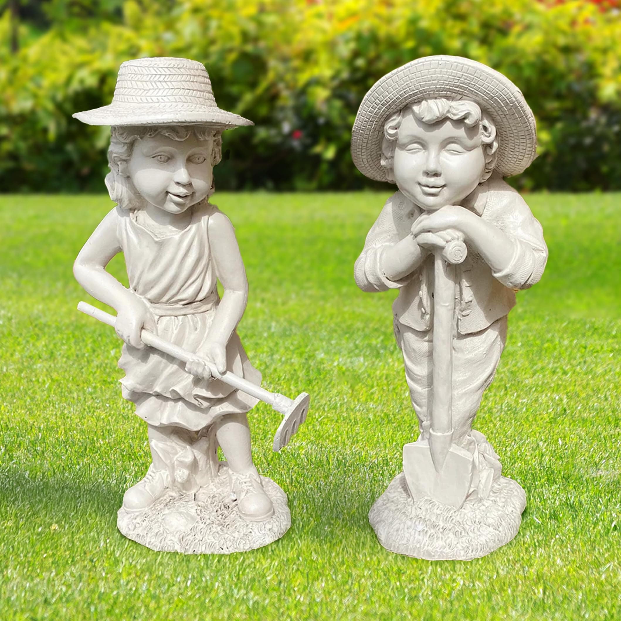 Garden Mile White Stone Effect Gardening Kids Statue Set Boy and Girl Large Garden Ornaments Outdoor, Resin Decorative Garden Ornaments Sculpture for Patio, Flowerbeds, Lawn Waterproof Décor (27cm)