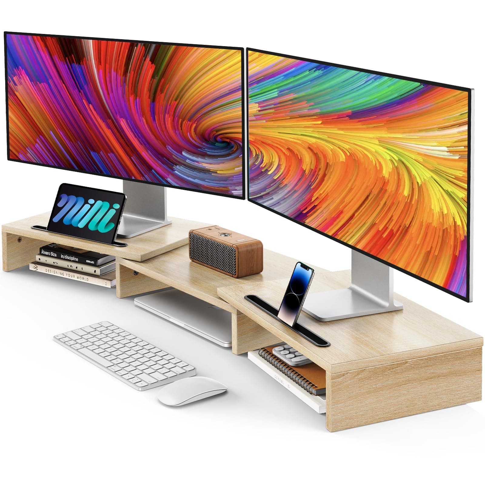 AMERIERGO Dual Monitor Stand Riser- 3 Shelf Screen Stand with Adjustable Length and Angle, 2 Extra Functional Slot Desktop Organizer Stand for PC, Computer, Laptop (Light Wood)