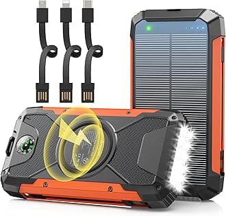 Solar Charger 38600mAh,Solar Power Bank Wireless Portable Charger Built in 3 Cables External Battery Pack Waterproof with 4 Outputs 2 Inputs USB C 15 W 5V/3A Battery Bank with Camping Light Compass