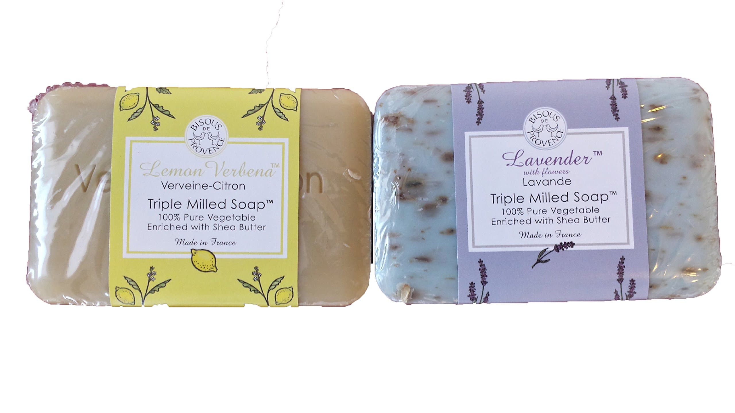 Trader Joe's Bisous De Provence Triple Milled Bar Soap 100% Pure Vegetable Enriched With Shea Butter 2 Scent Bundle- 1 Lemon Verbena (Verveine-Citron) & 1 Lavender With Flowers (Lavande) (2 Bars Total)