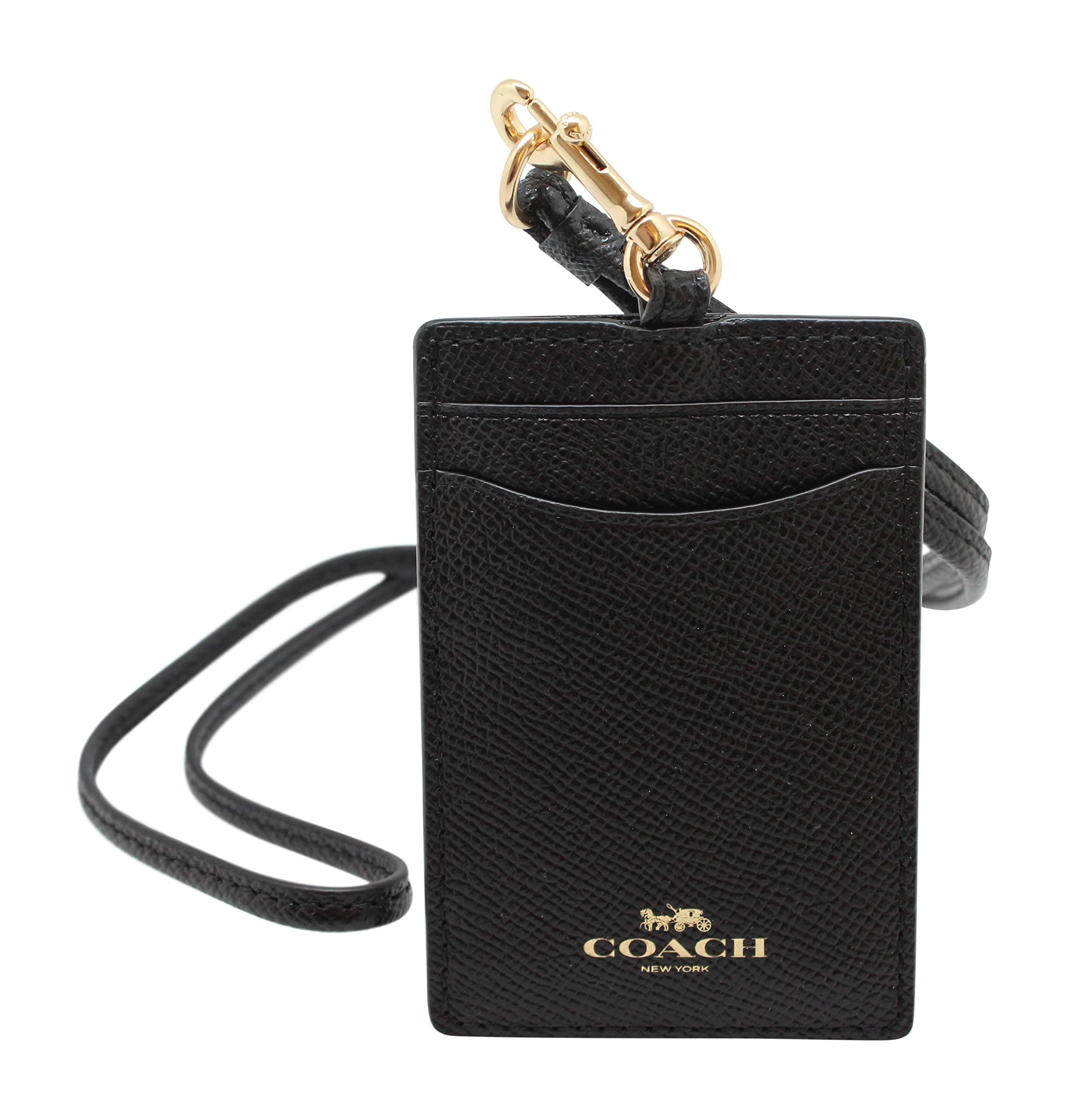 ID Lanyard Badge Holder In Crossgrain Leather (Black/Gold)