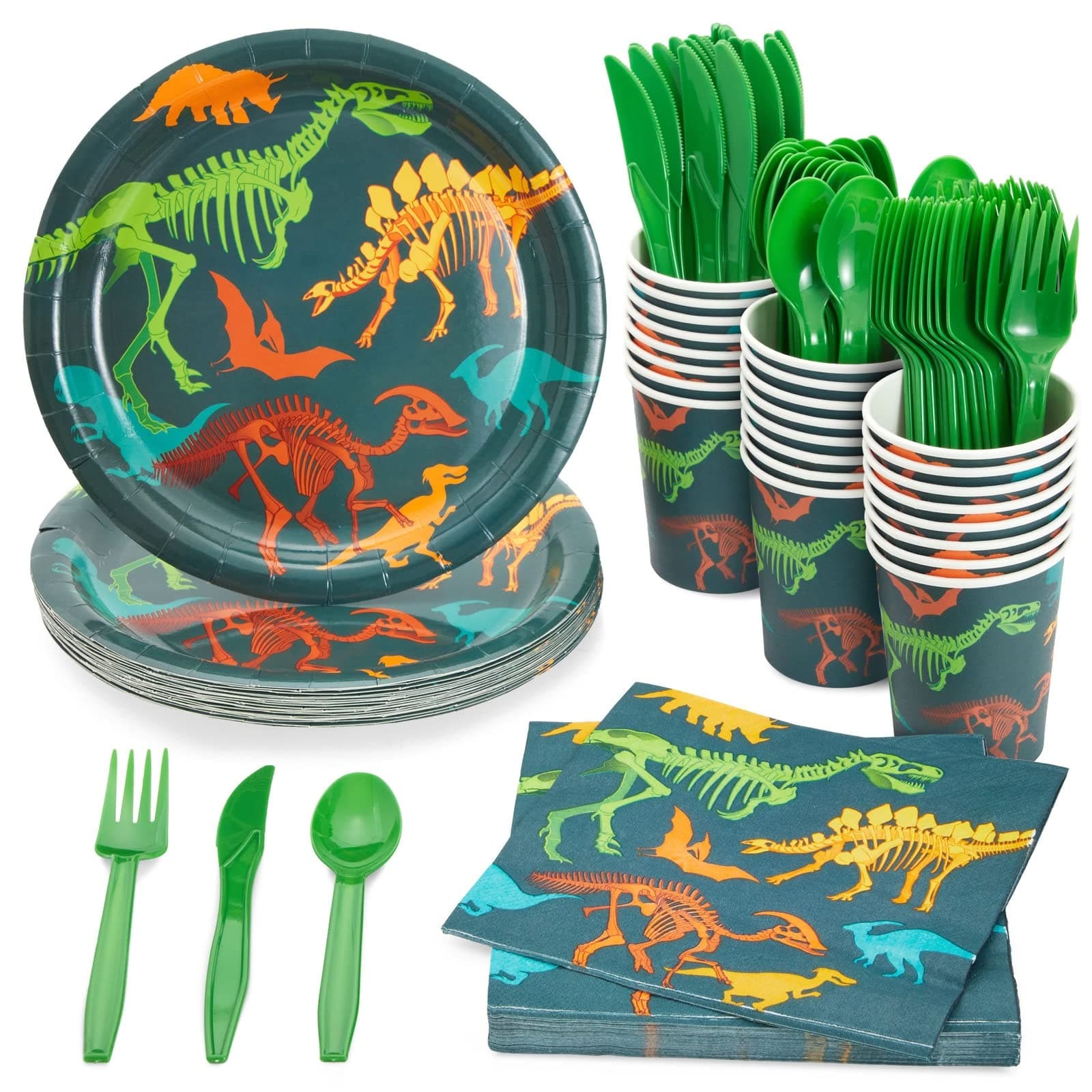 Juvale 144-Piece Dinosaur Birthday Party Decorations Set with Plates, Cups, Napkins & Cutlery - Serves 24 - Green & Blue Dino Fossil Paper Plates & Cups - Disposable & Easy Cleanup