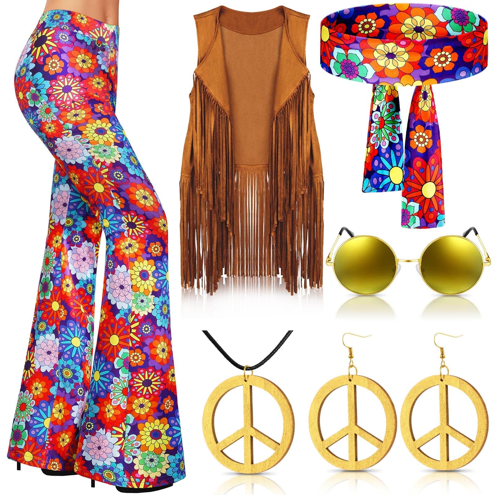 Haull7 Pcs 60s 70s Outfits for Women Hippie Costume Set Boho Flared Pants Fringe Vest Peace Sign Accessories Set