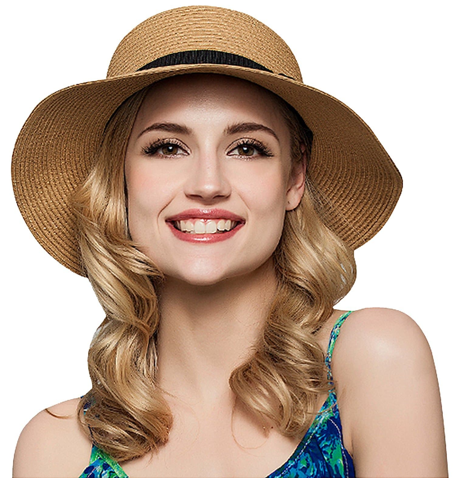 Janrely Women Floppy Sun Beach Straw Hats Wide Brim Packable Summer Cap (Khaki)