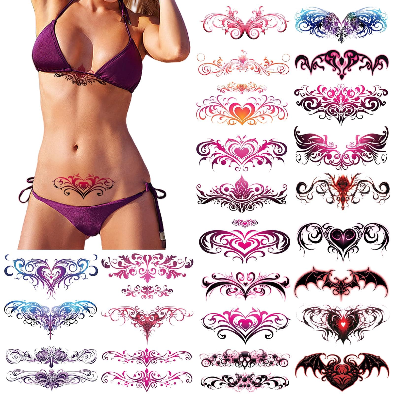 24 Sheets Sexy Belly Temporary Tattoos Black Red Heart Navel Waterproof Tattoo Stickers Bust Stomach Waist Back Fake Body Tattoos for Women