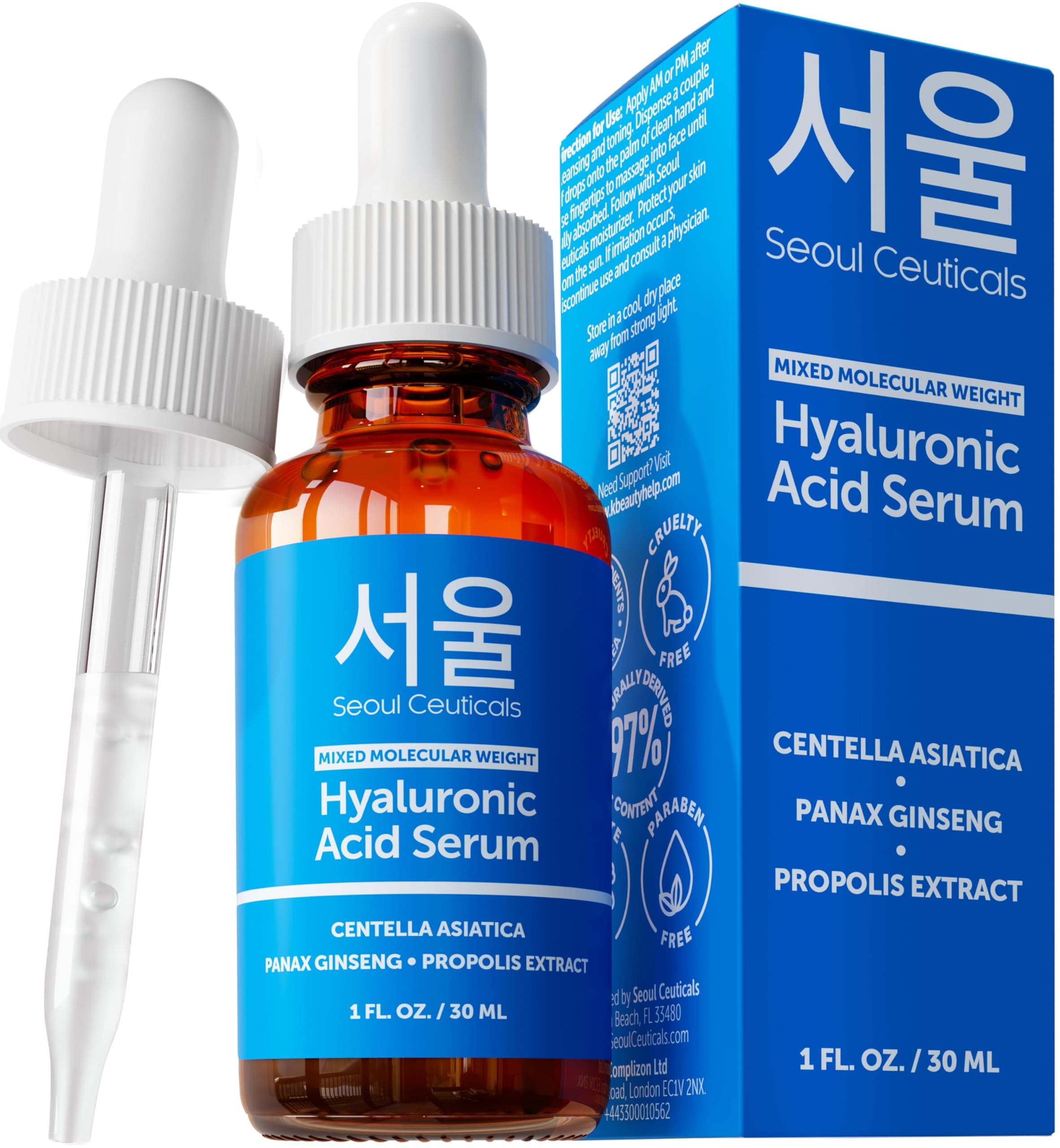 SeoulCeuticals Korean Hyaluronic Acid Serum For Face - K Beauty Skincare with Multi-Weight HA, Centella & Propolis – Lightweight Hyaluronic Serum for Hydration & Skin Balance - 30ml